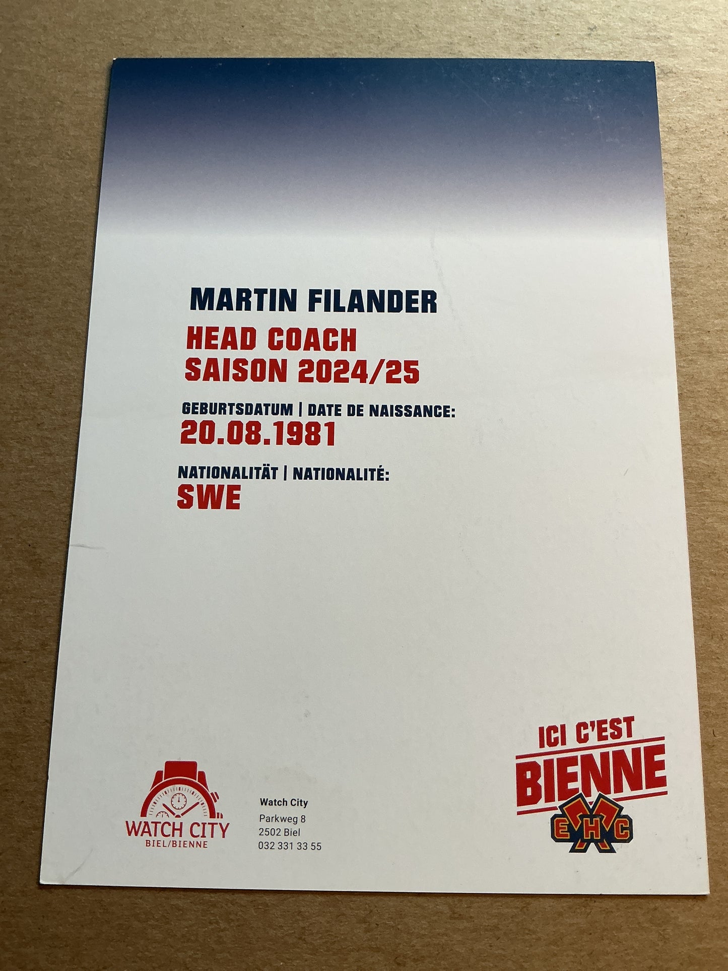 Martin Filander, Sweden 🇸🇪 EHC Biel-Bienne 2024/25 hand signed