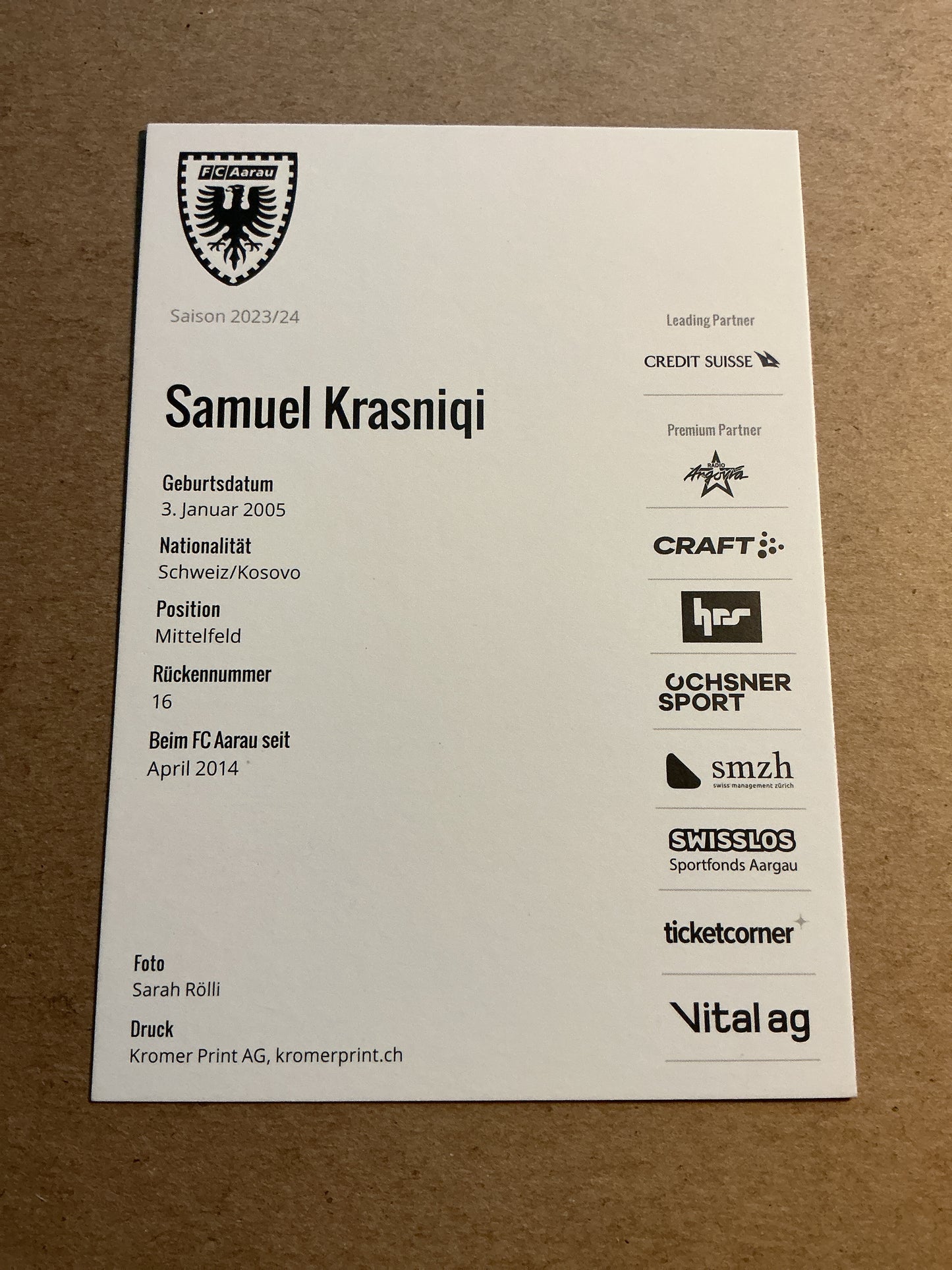 Samuel Krasniqi, Switzerland 🇨🇭 FC Aarau 2023/24 hand signed