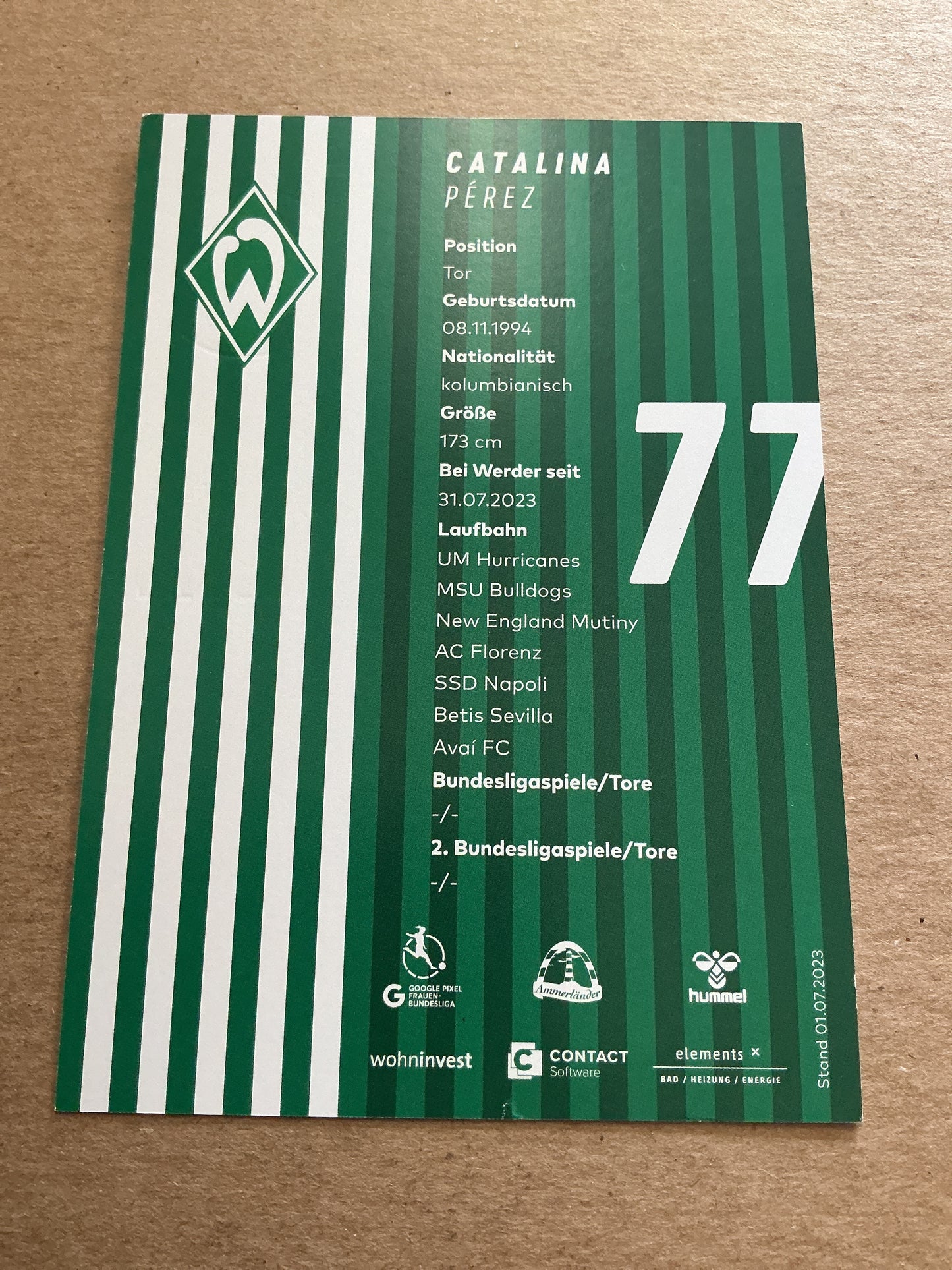 Catalina Perez, Colombia 🇨🇴 SV Werder Bremen 2023/24 hand signed