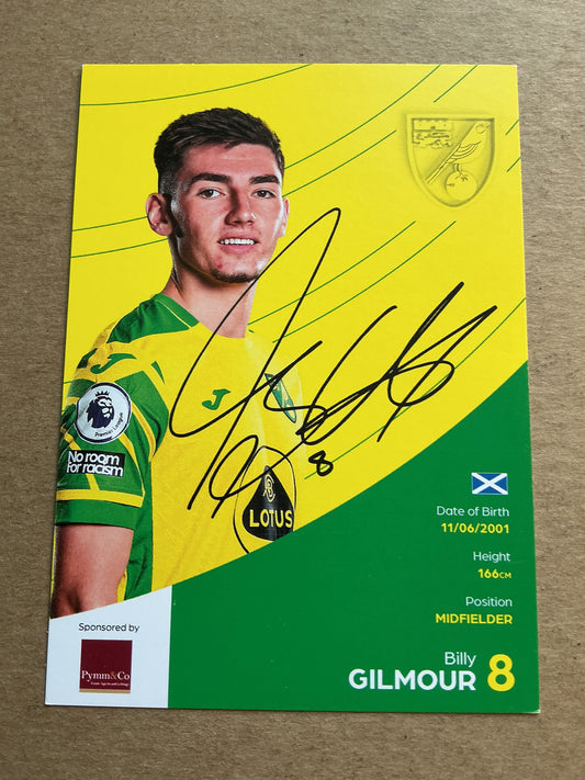 Billy Gilmour, Scotland 🏴󠁧󠁢󠁳󠁣󠁴󠁿 Norwich City FC 2021/22 hand signed