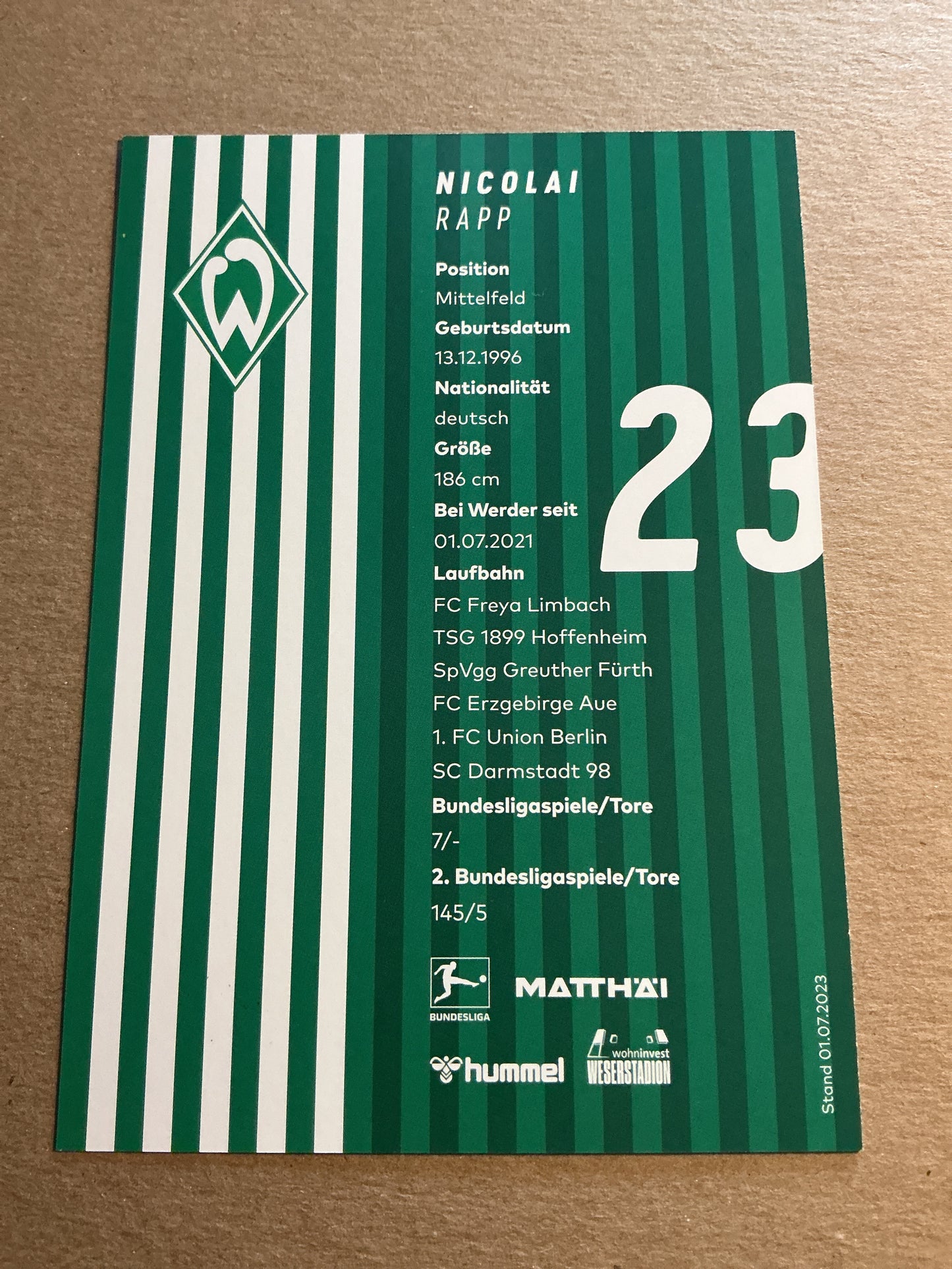 Nicolai Rapp, Germany 🇩🇪 SV Werder Bremen 2023/24 hand signed