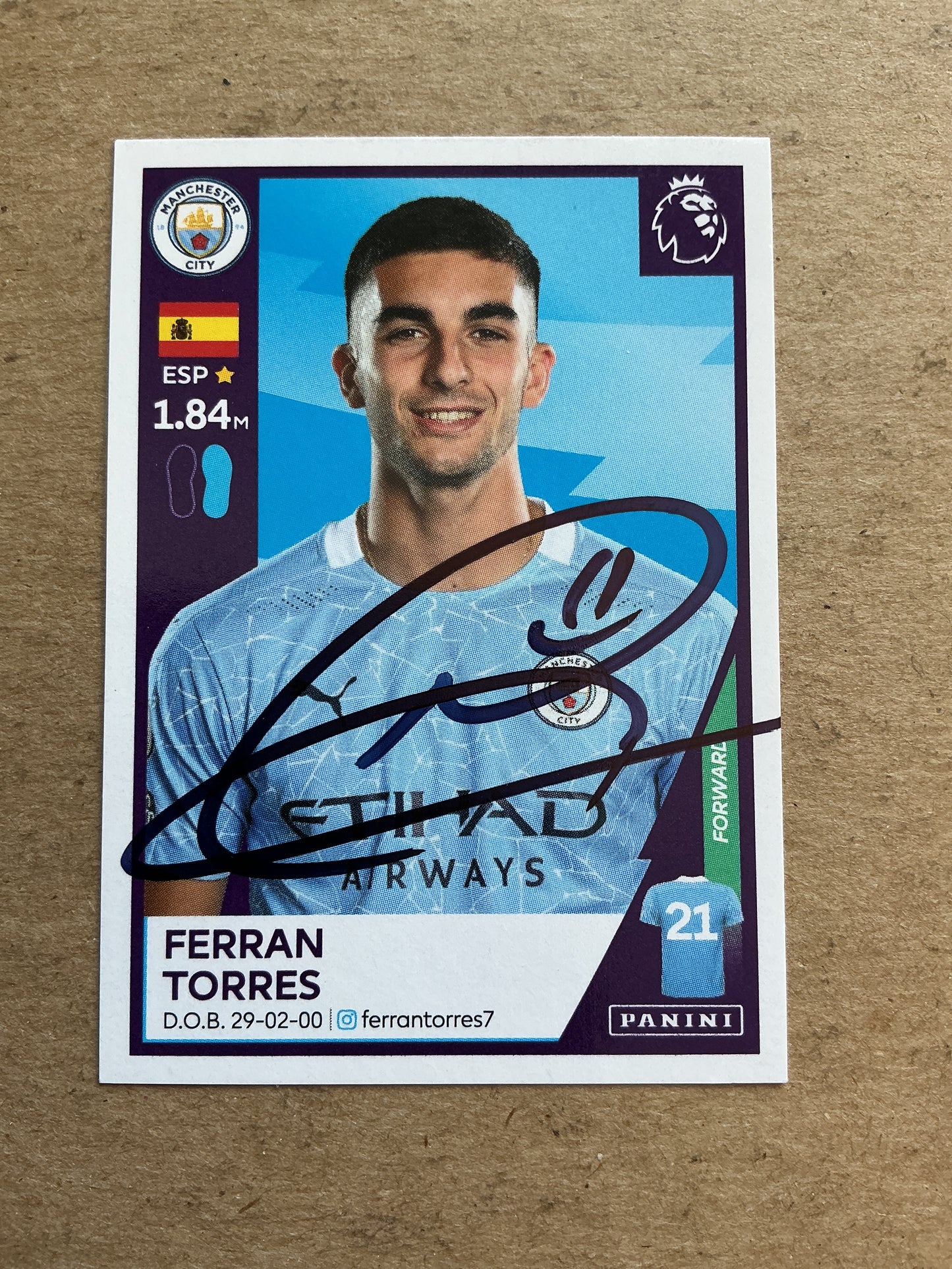 Ferran Torres, Spain 🇪🇸 Manchester City 2021 Panini hand signed