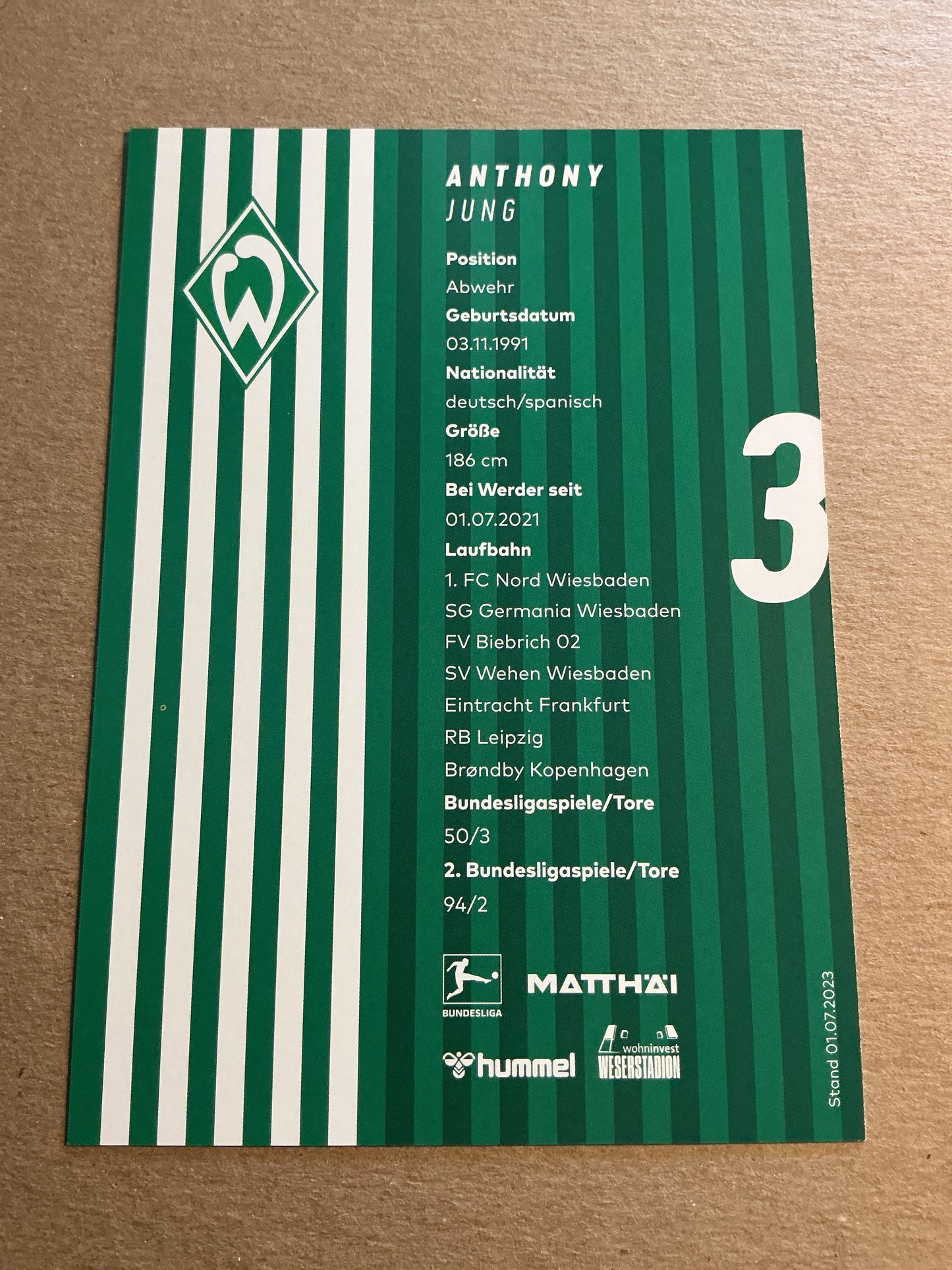 Anthony Jung, Germany 🇩🇪 SV Werder Bremen 2023/24 hand signed