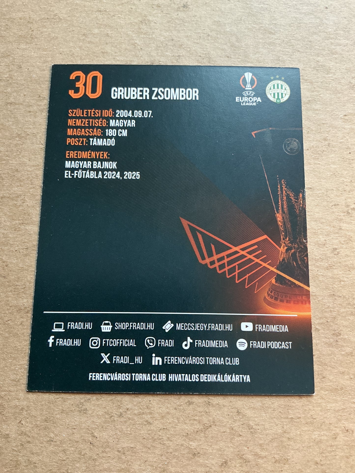 Zsombor Gruber, Hungary 🇭🇺 Ferencvaros 2025/26 hand signed