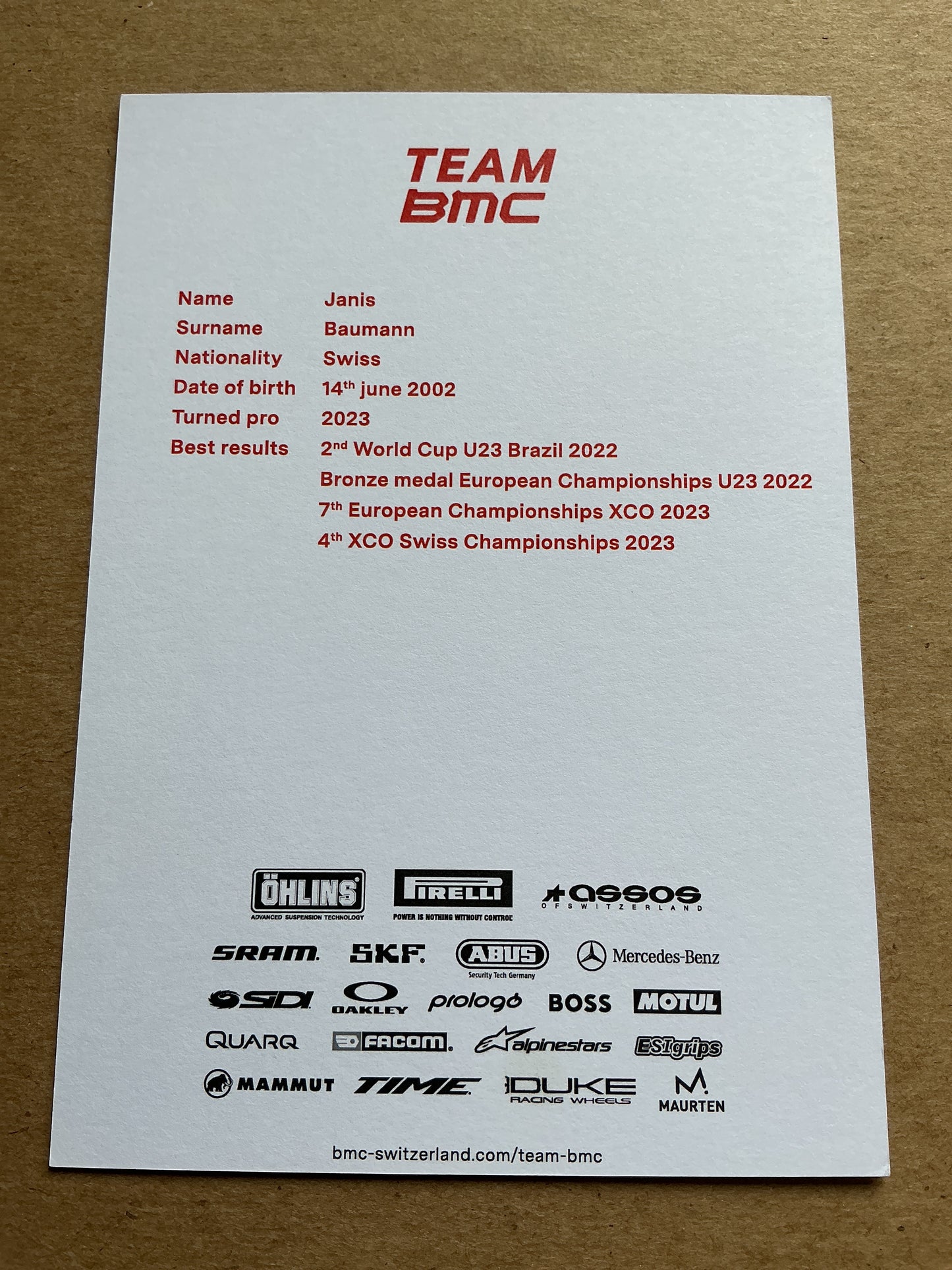 Janis Baumann, Switzerland 🇨🇭 Cycling Mountainbike Sports 2025 hand signed