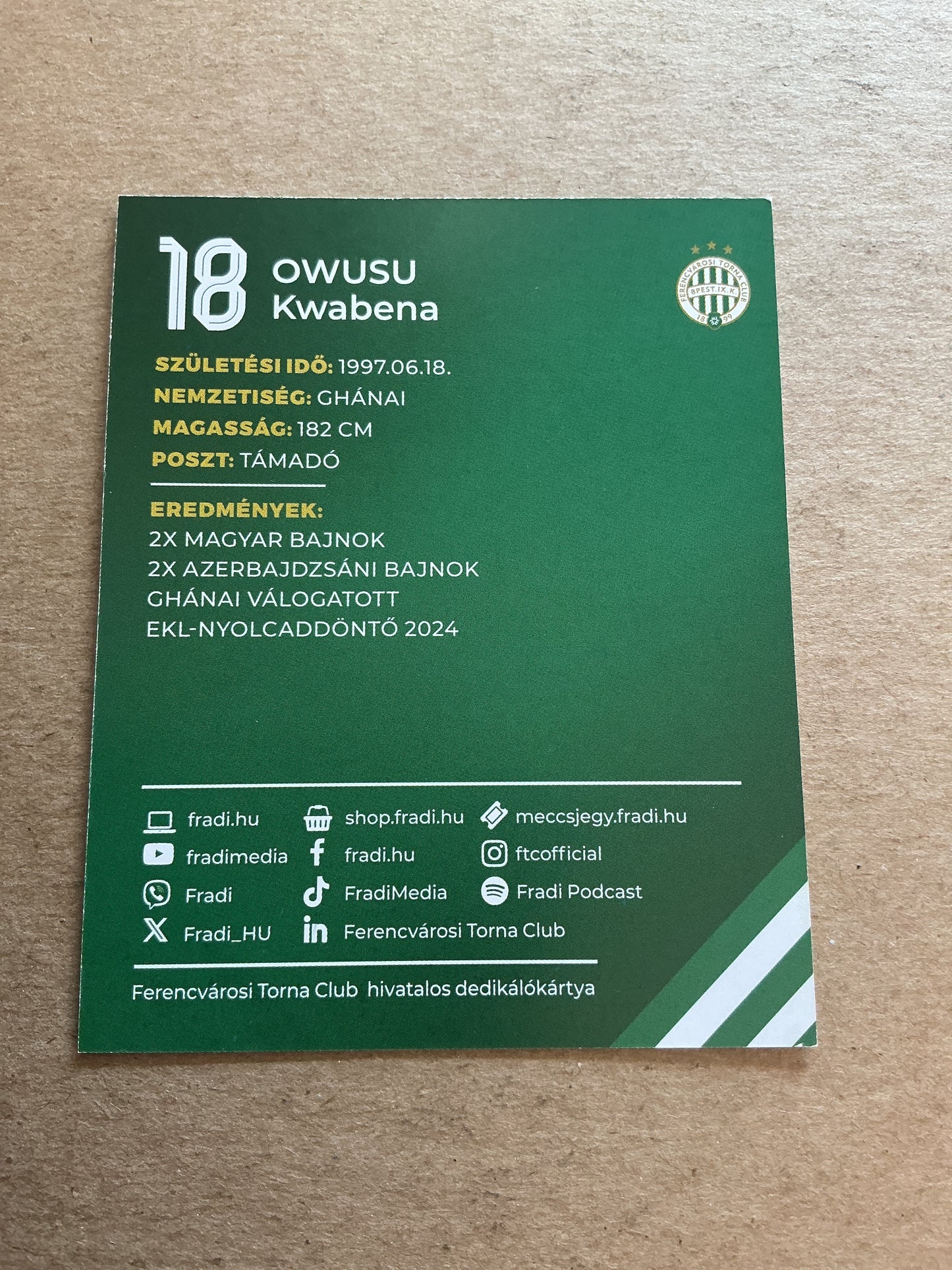 Owusu Kwabena, Ghana 🇬🇭 Ferencvaros TC 2024/25 hand signed