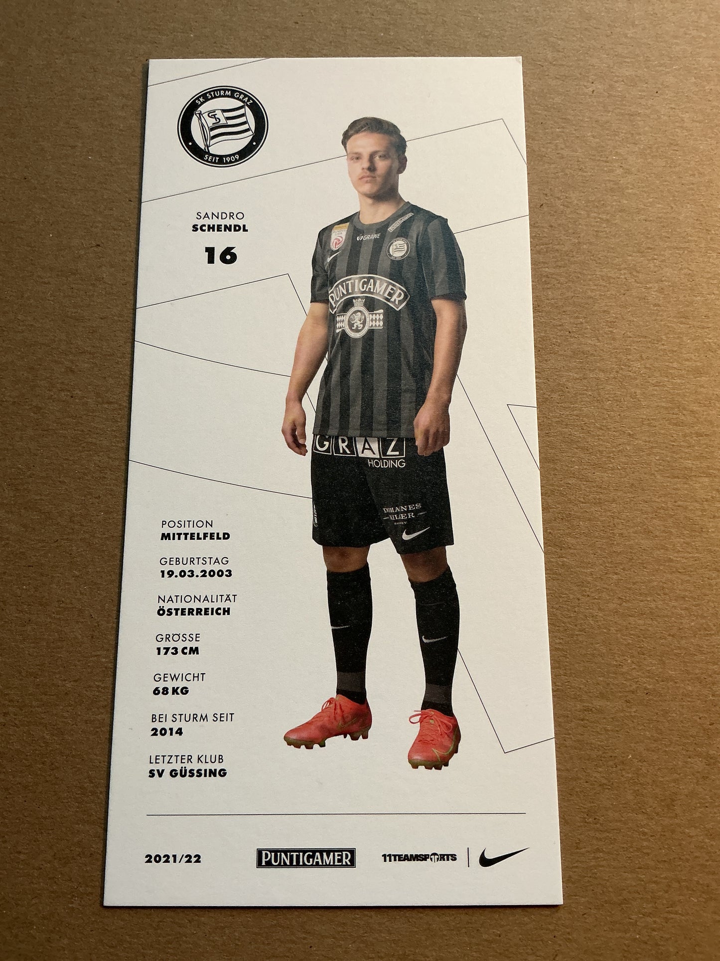 Sandro Schendl, Austria 🇦🇹 SK Sturm Graz 2021/22 hand signed