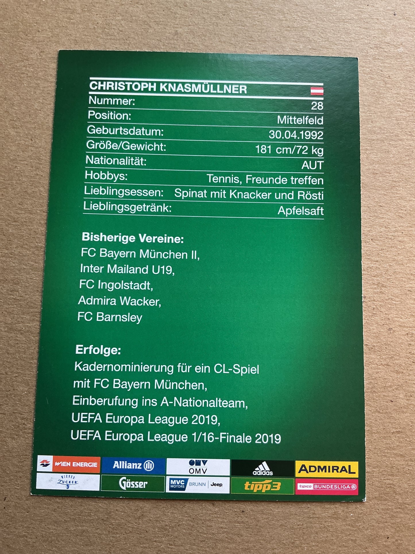Christoph Knasmüllner, Austria 🇦🇹 Rapid Wien 2019/20 hand signed