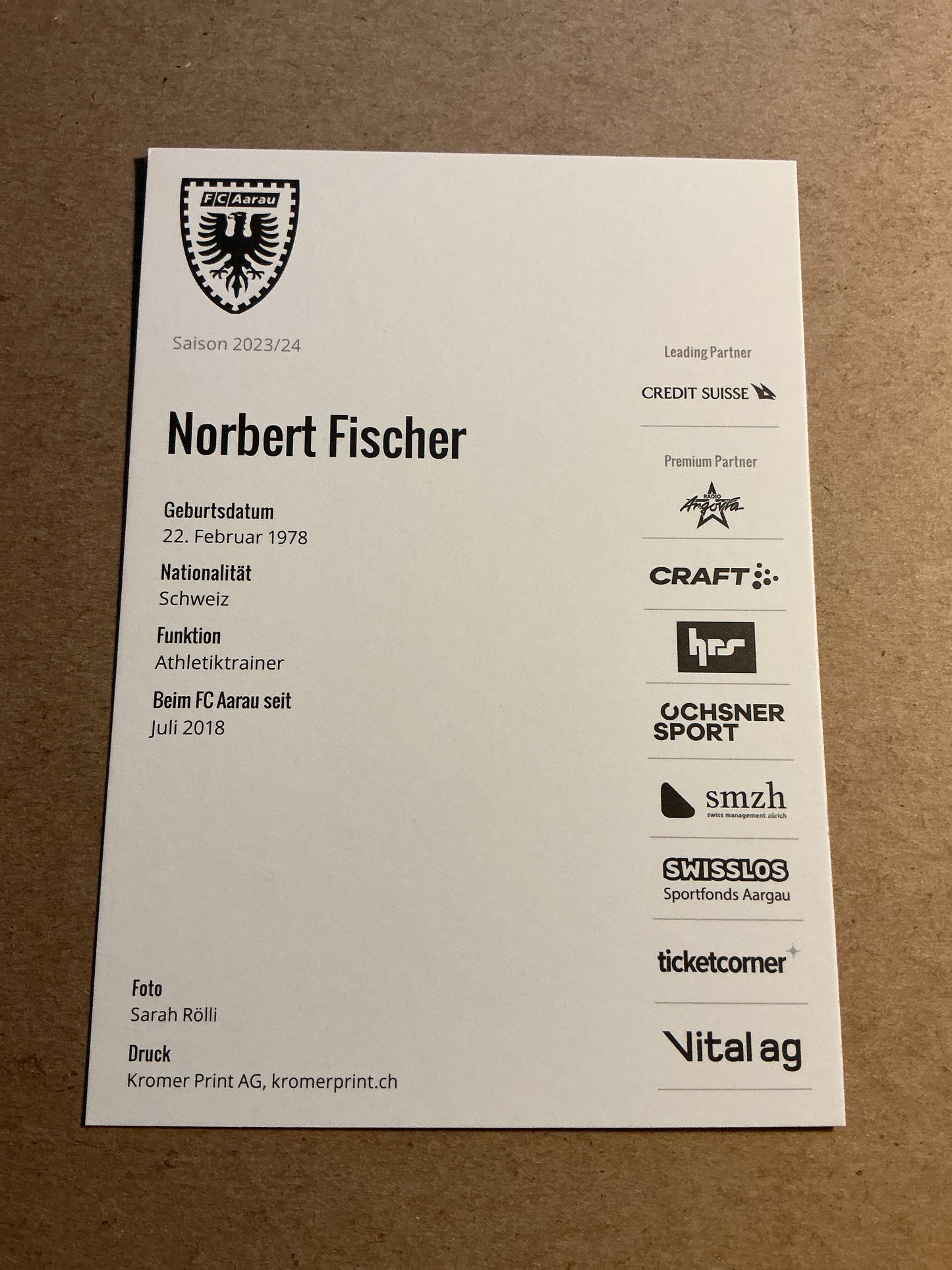Norbert Fischer, Switzerland 🇨🇭FC Aarau 2023/24 hand signed