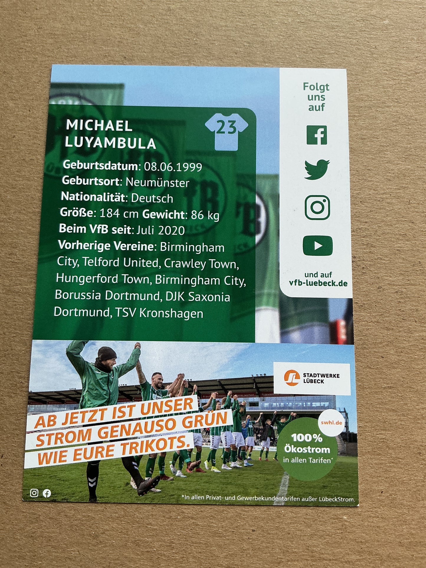 Michael Luyambula, Germany 🇩🇪 VfB Lübeck 2020/21 hand signed