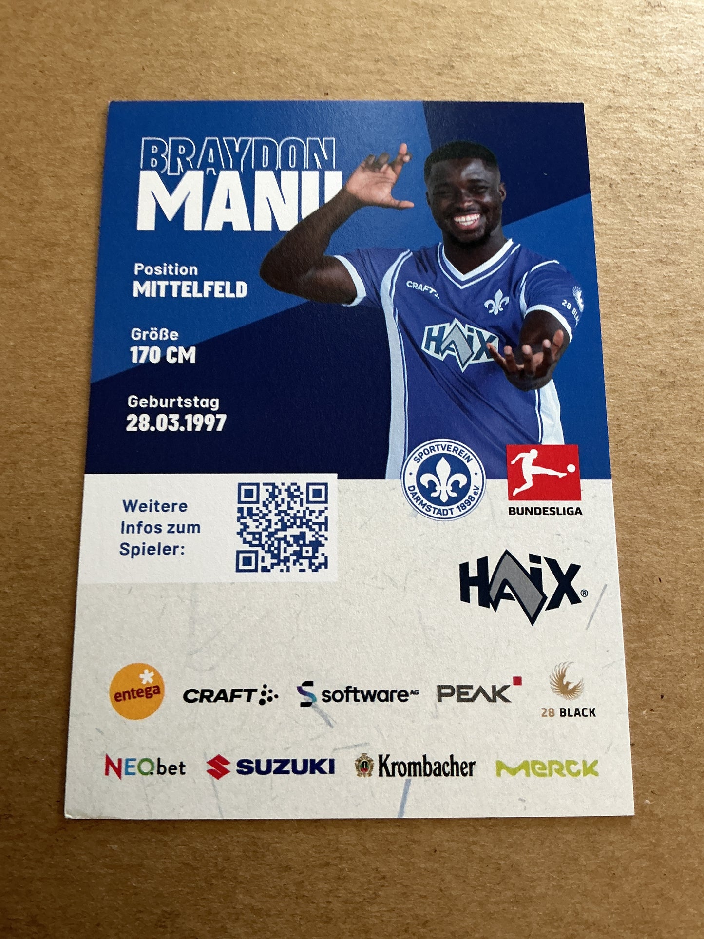 Brayden Manu, Germany 🇩🇪 SV Darmstadt 98 2023/24 hand signed