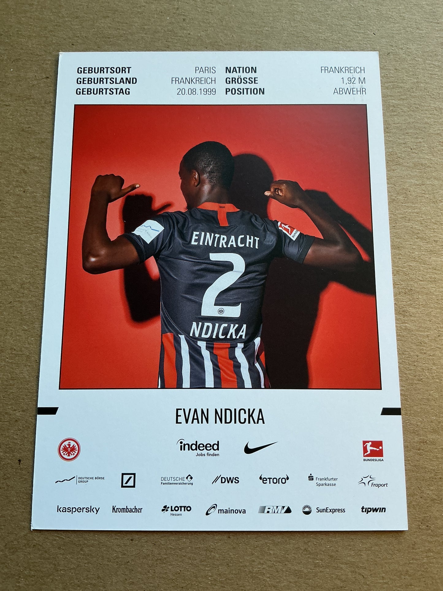 Evan Ndicka, France 🇫🇷 Eintracht Frankfurt 2019/20 hand signed