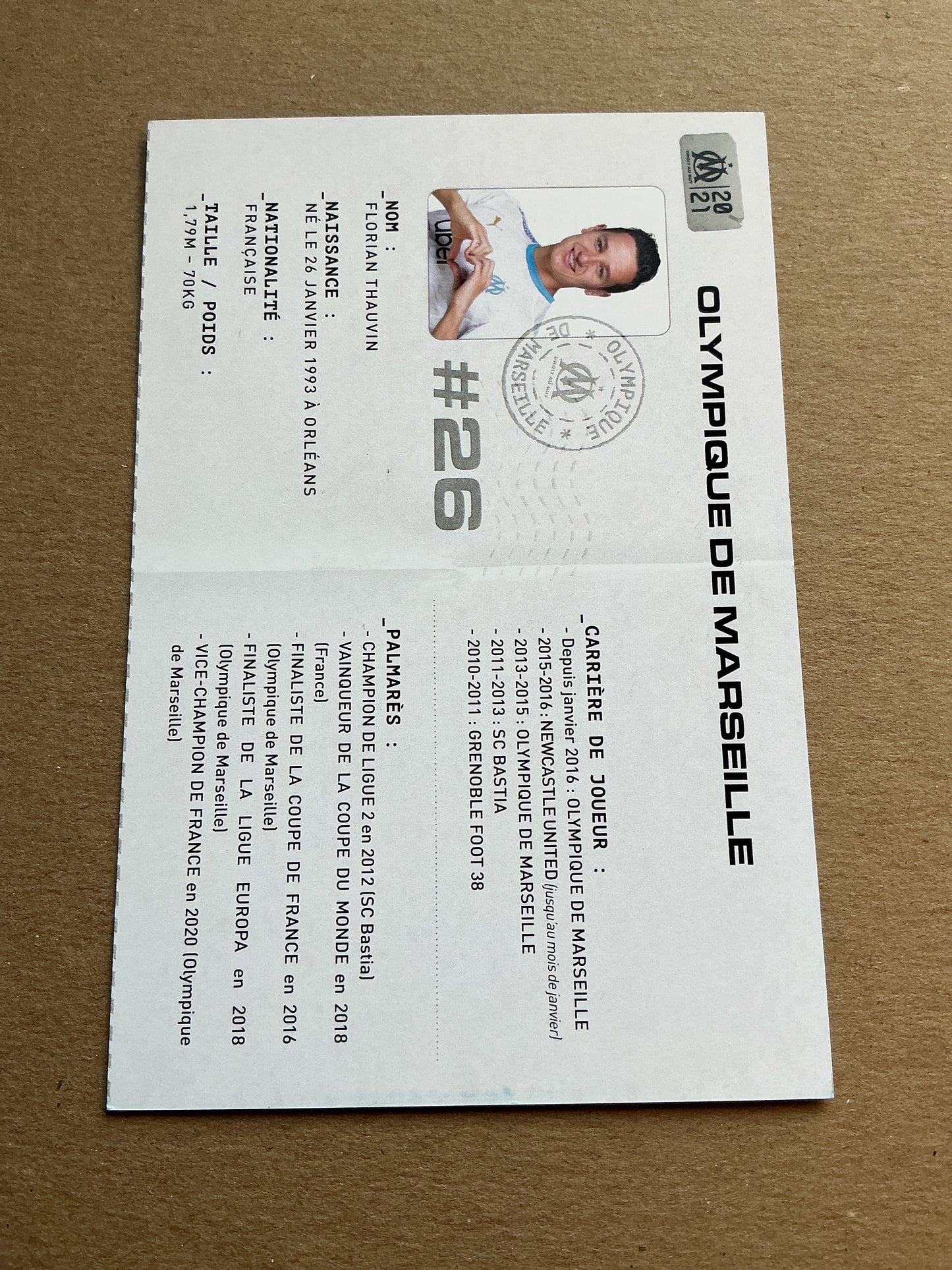 Florian Thauvin, France 🇫🇷 Olympique Marseille 2020/21 hand signed