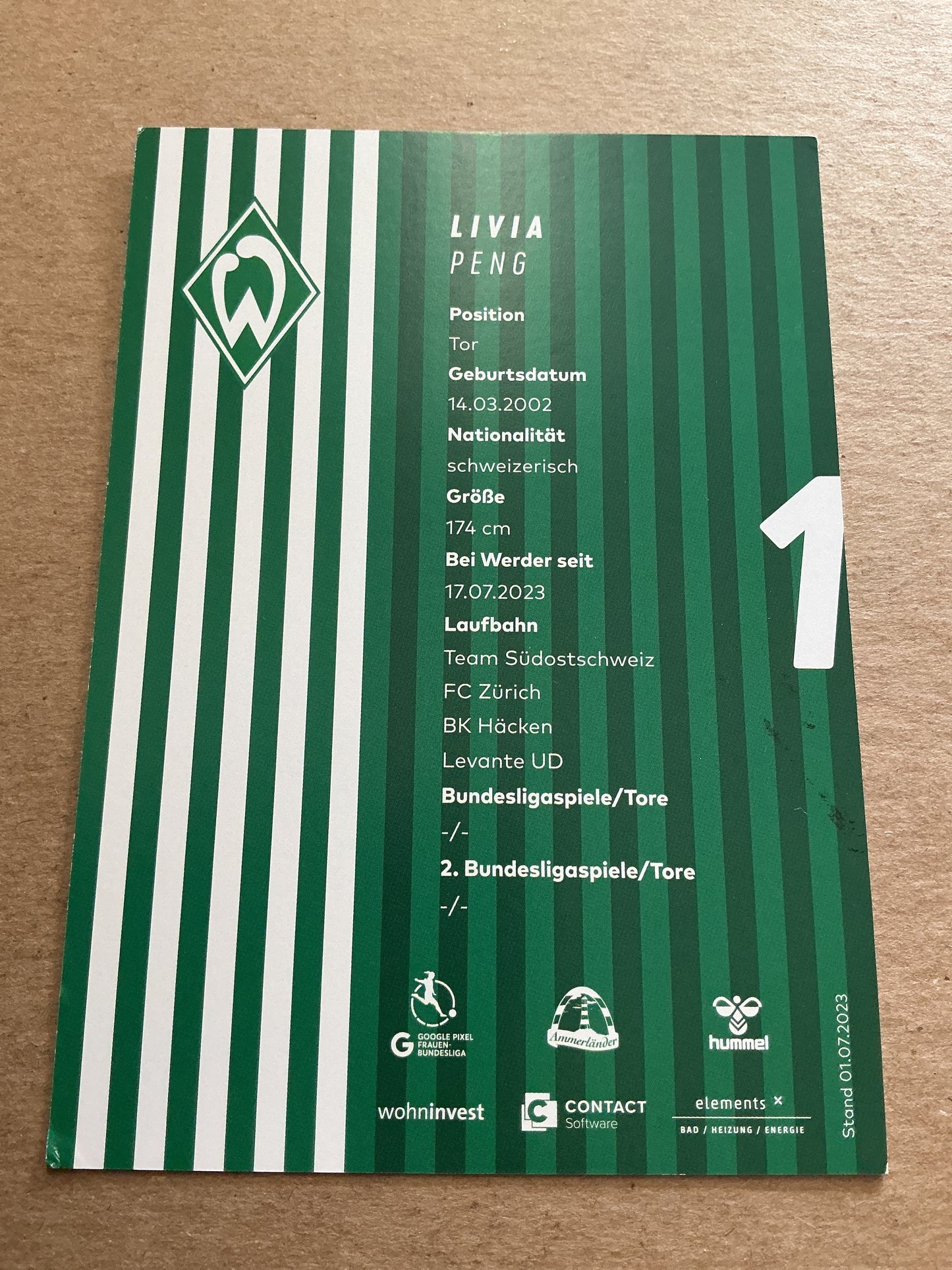 Livia Peng, Switzerland 🇨🇭 SV Werder Bremen 2023/24 hand signed