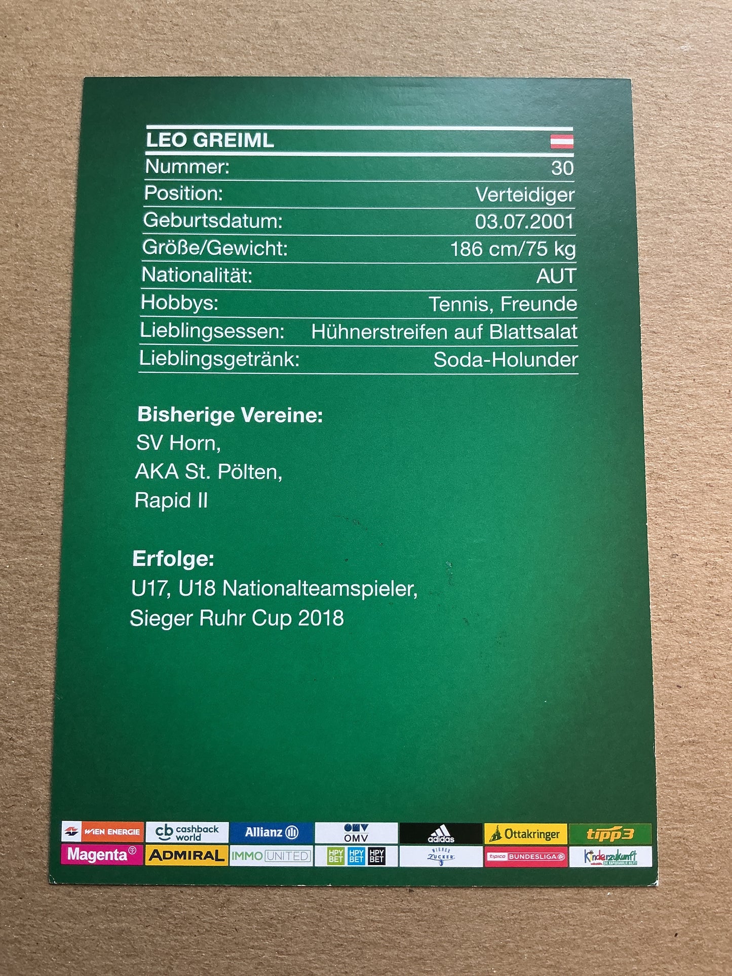 Leo Greiml, Austria 🇦🇹 Rapid Wien 2019/20 hand signed