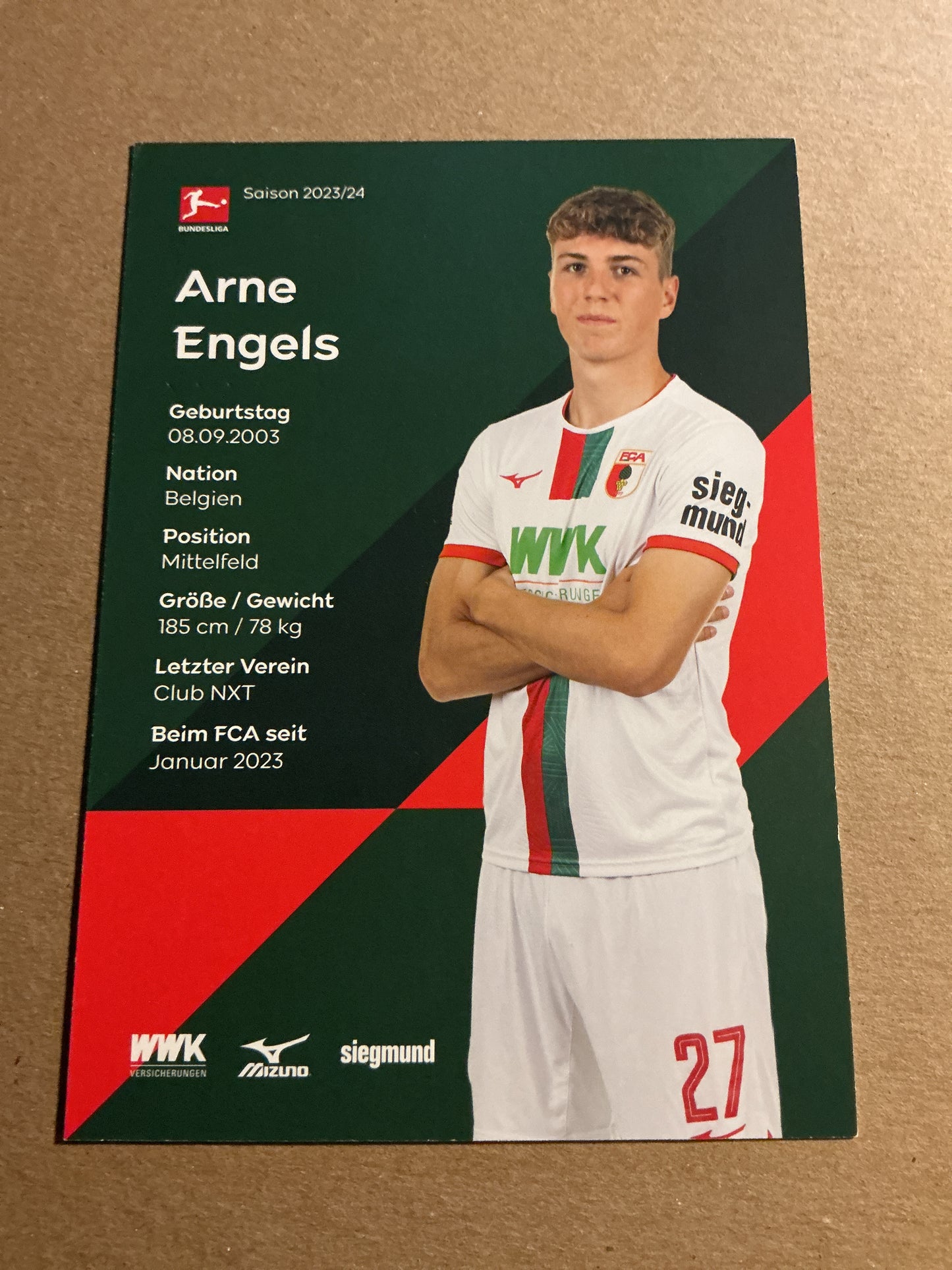 Arne Engels, Belgium 🇧🇪 FC Augsburg 2023/24 hand signed