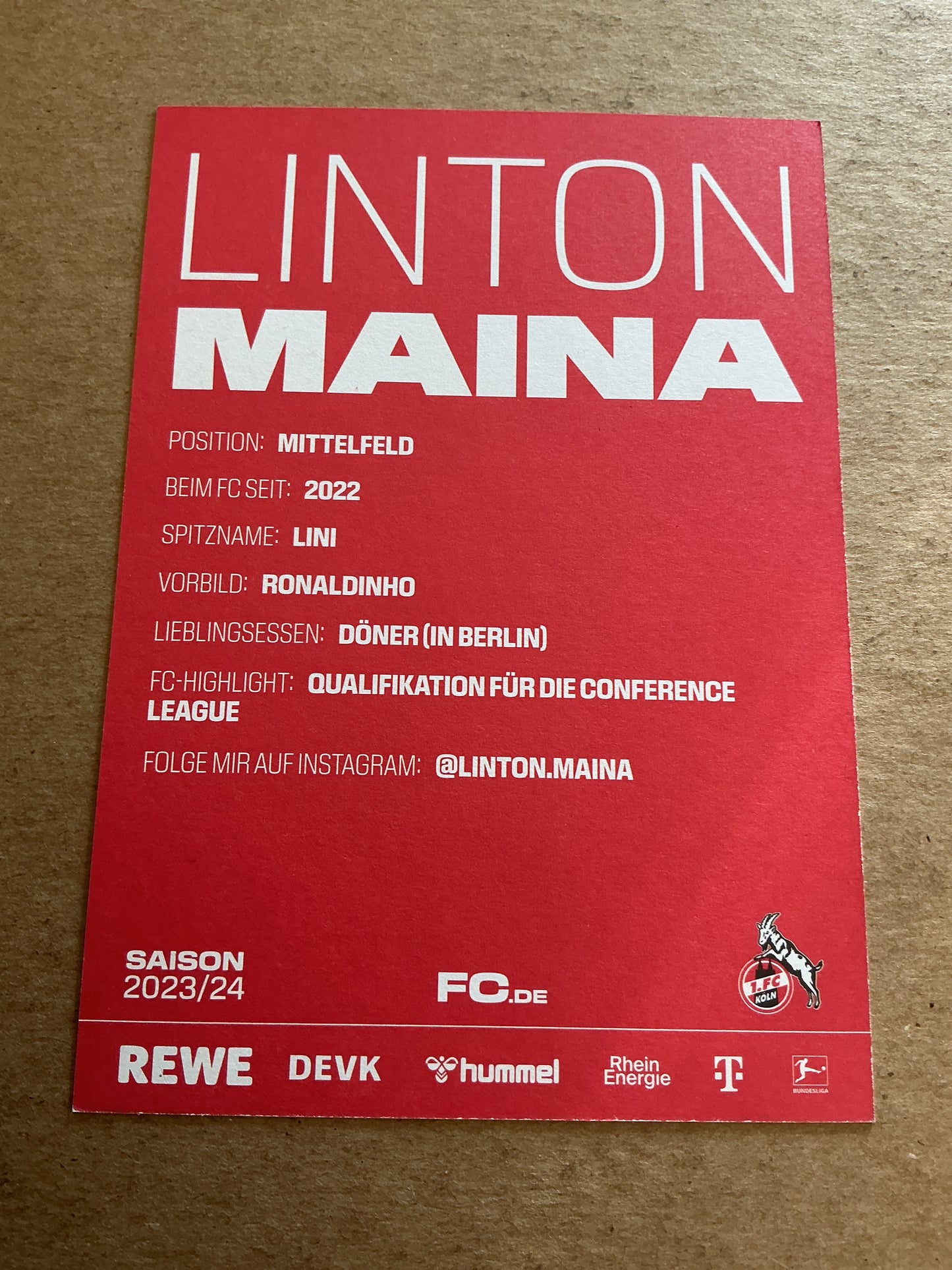 Linto Maina, Germany 🇩🇪 1.FC Köln 2023/24 hand signed