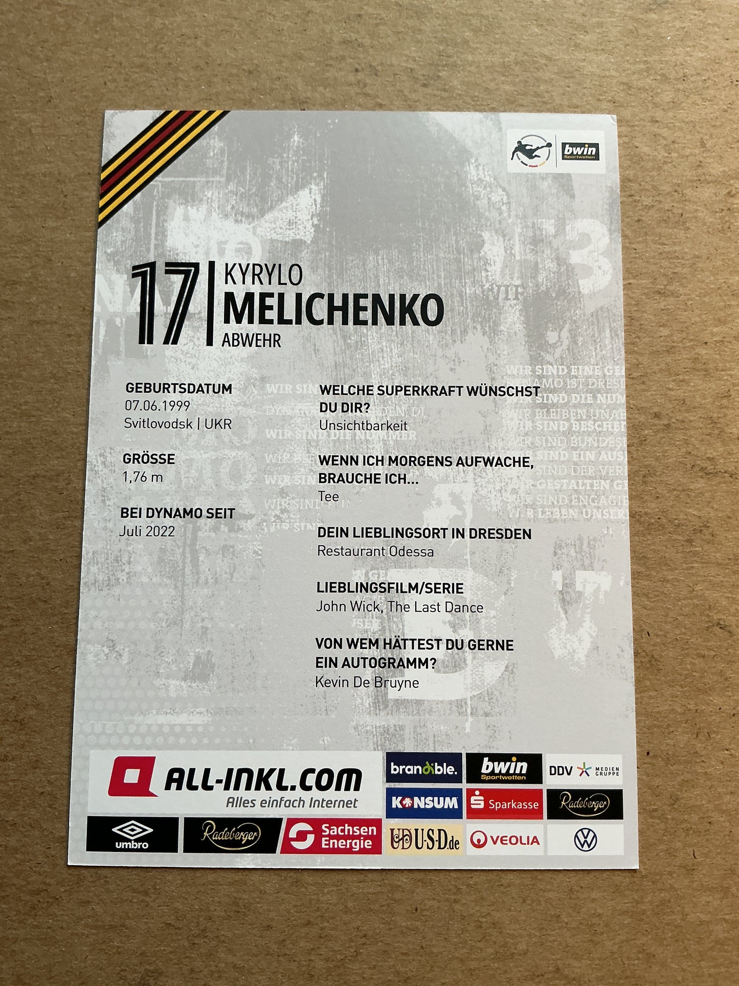 Kyrylo Melichenko, Ukraine 🇺🇦 Dynamo Dresden 2022/23 hand signed