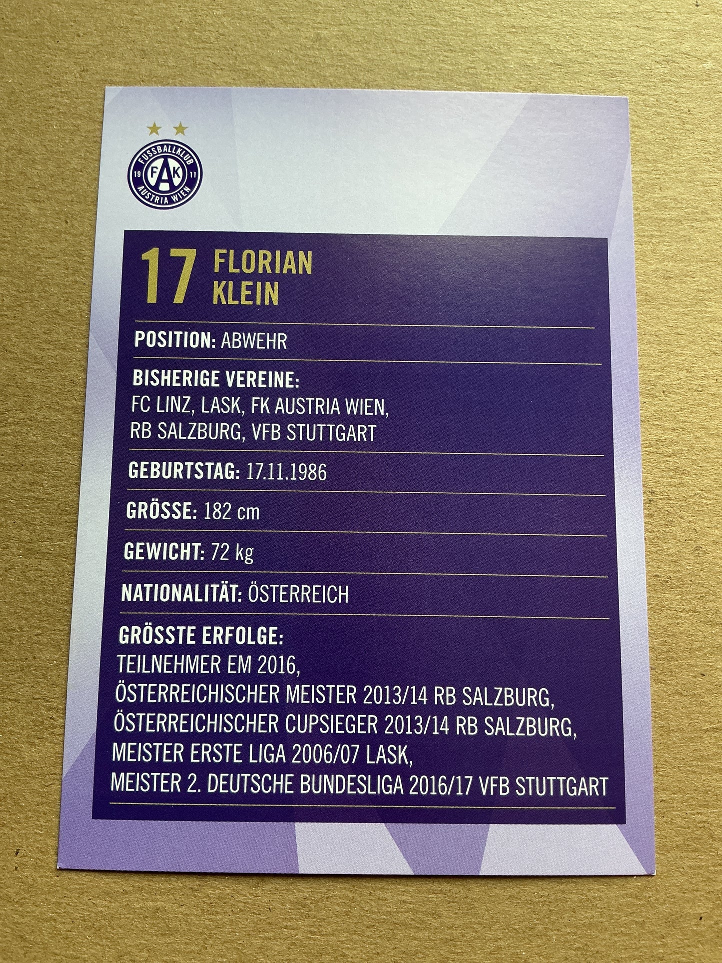 Florian Klein, Austria 🇦🇹 Austria Wien 2019/20 hand signed