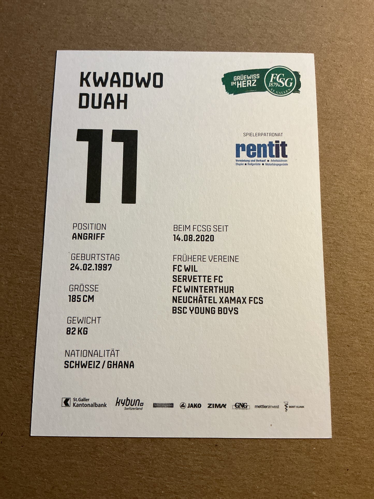 Kwadwo Duah, Switzerland 🇨🇭 FC St. Gallen 2021/22 hand signed