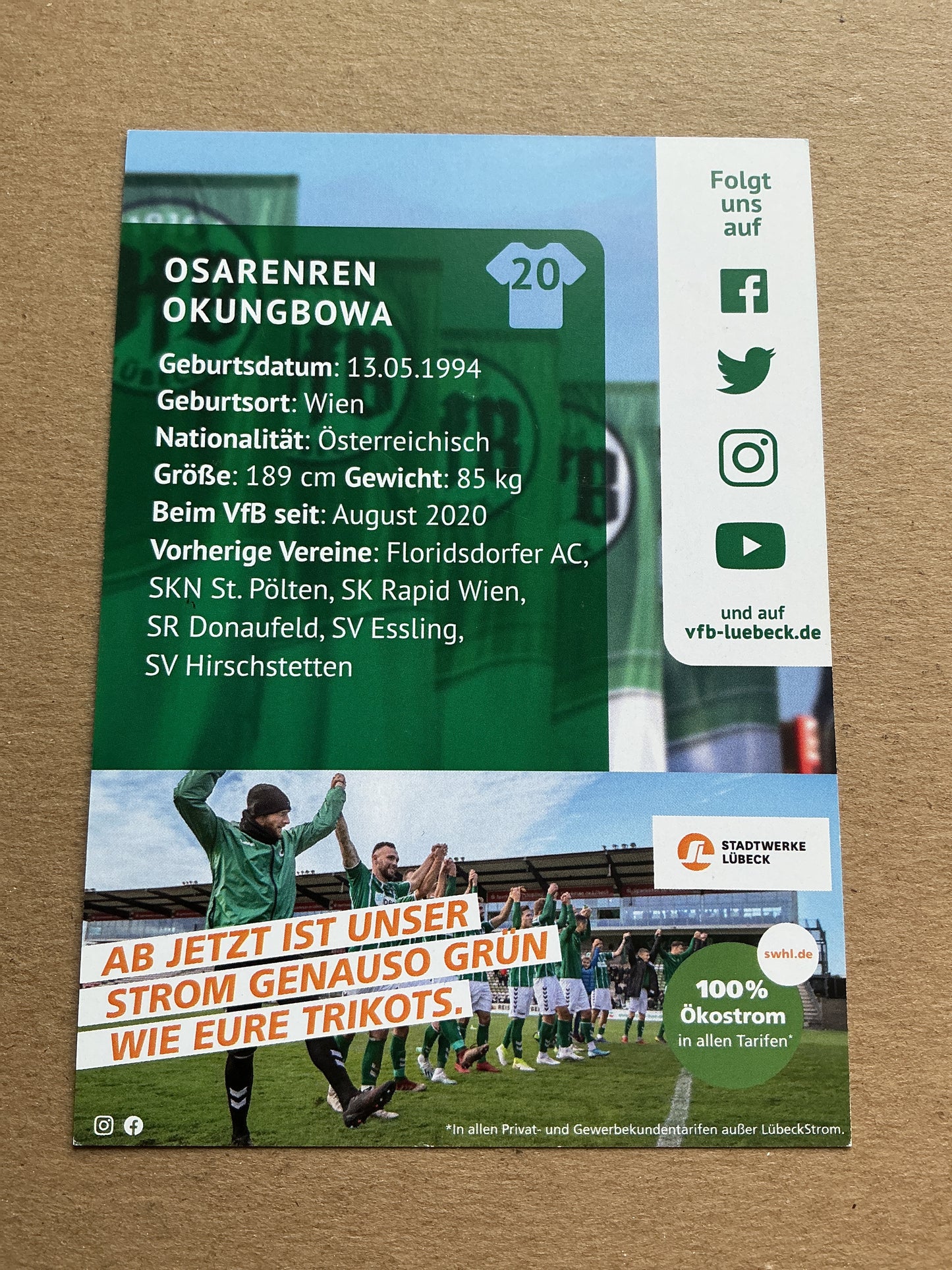 Osarenren Okungbowa, Austria 🇦🇹 VfB Lübeck 2020/21 hand signed