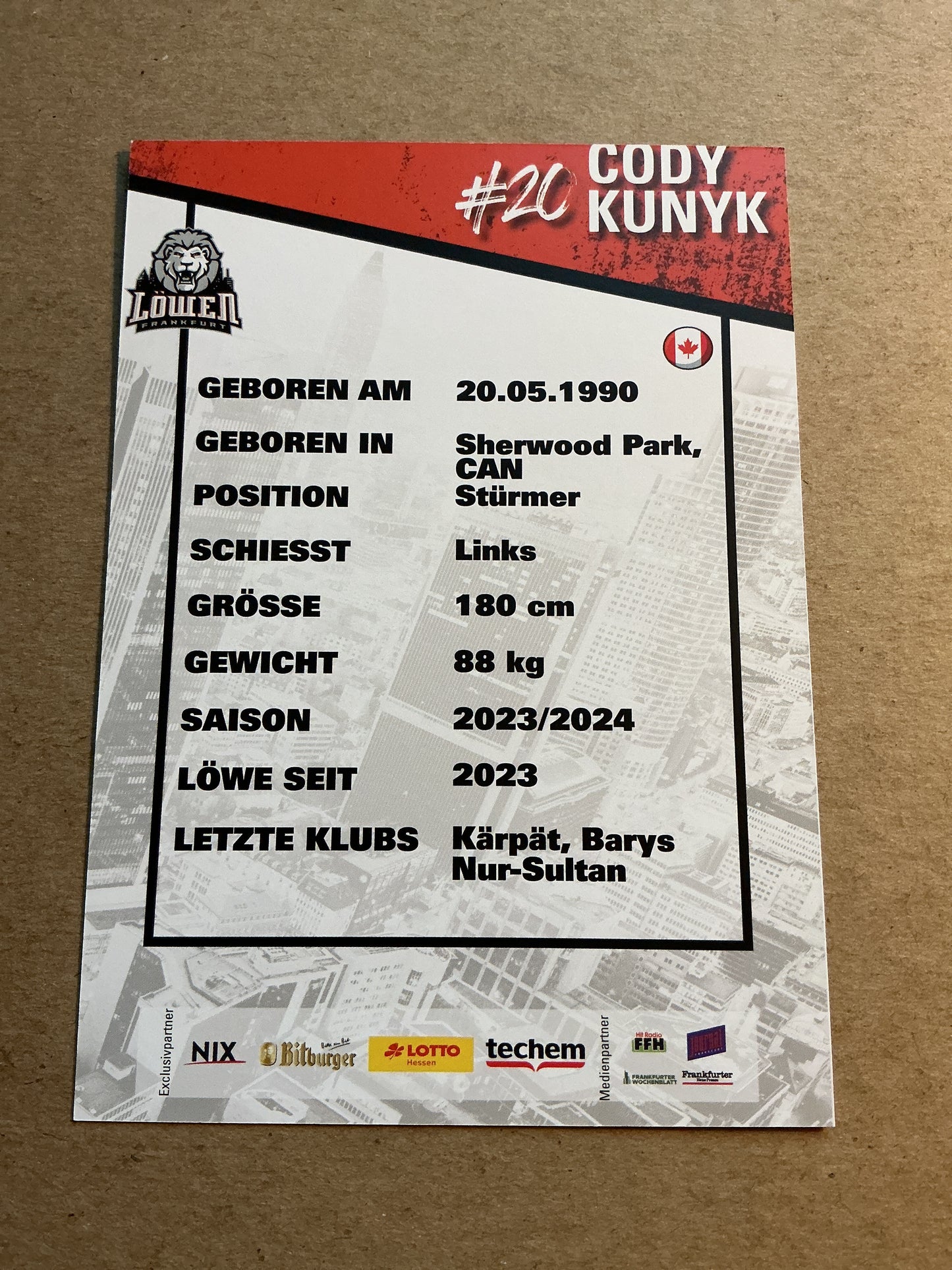 Cody Kunyk, Canada 🇨🇦 Löwen Frankfurt 2023/24 hand signed