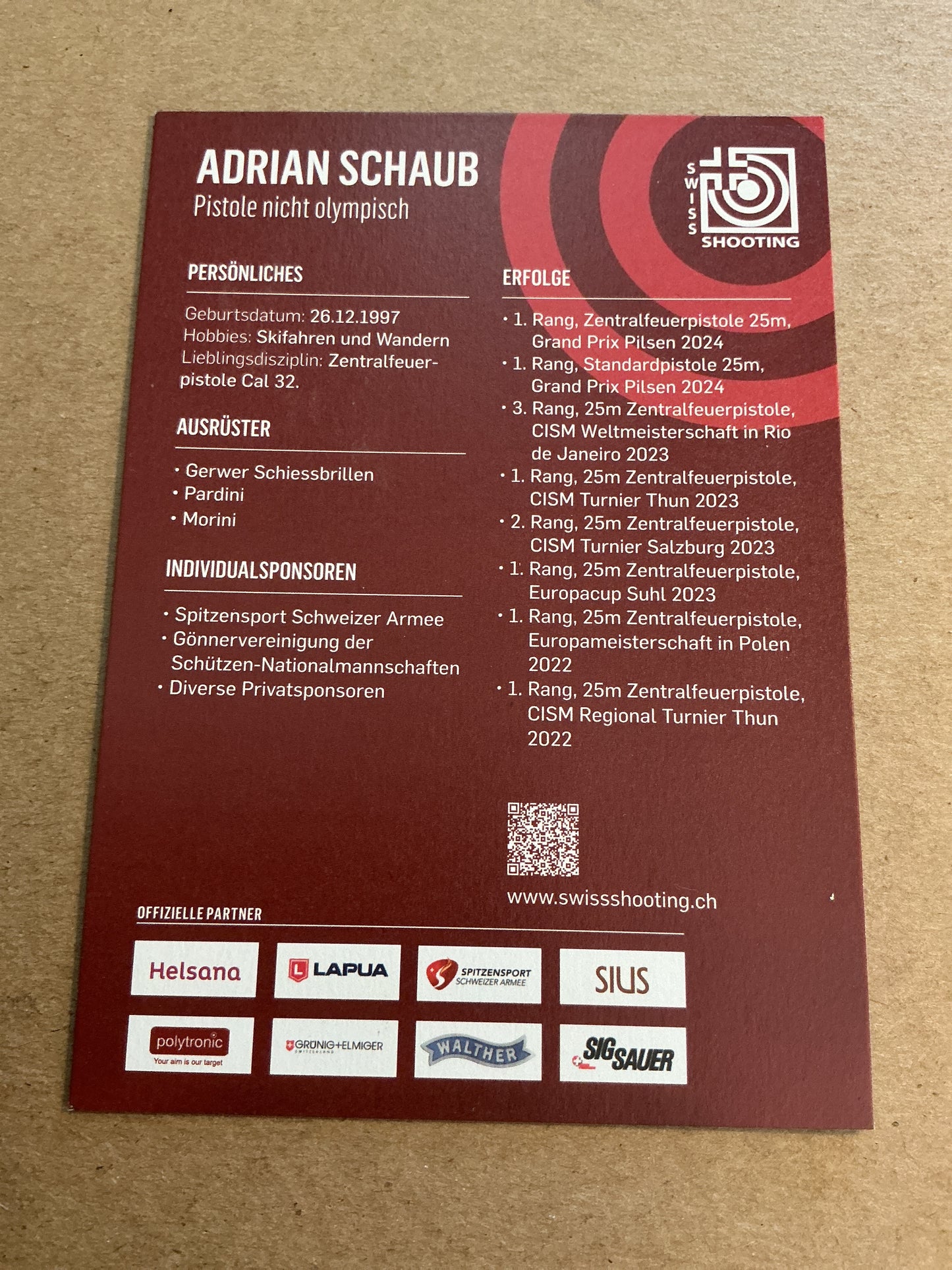 Adrian Schaub, Switzerland 🇨🇭 Shooting Sports 2025 hand signed