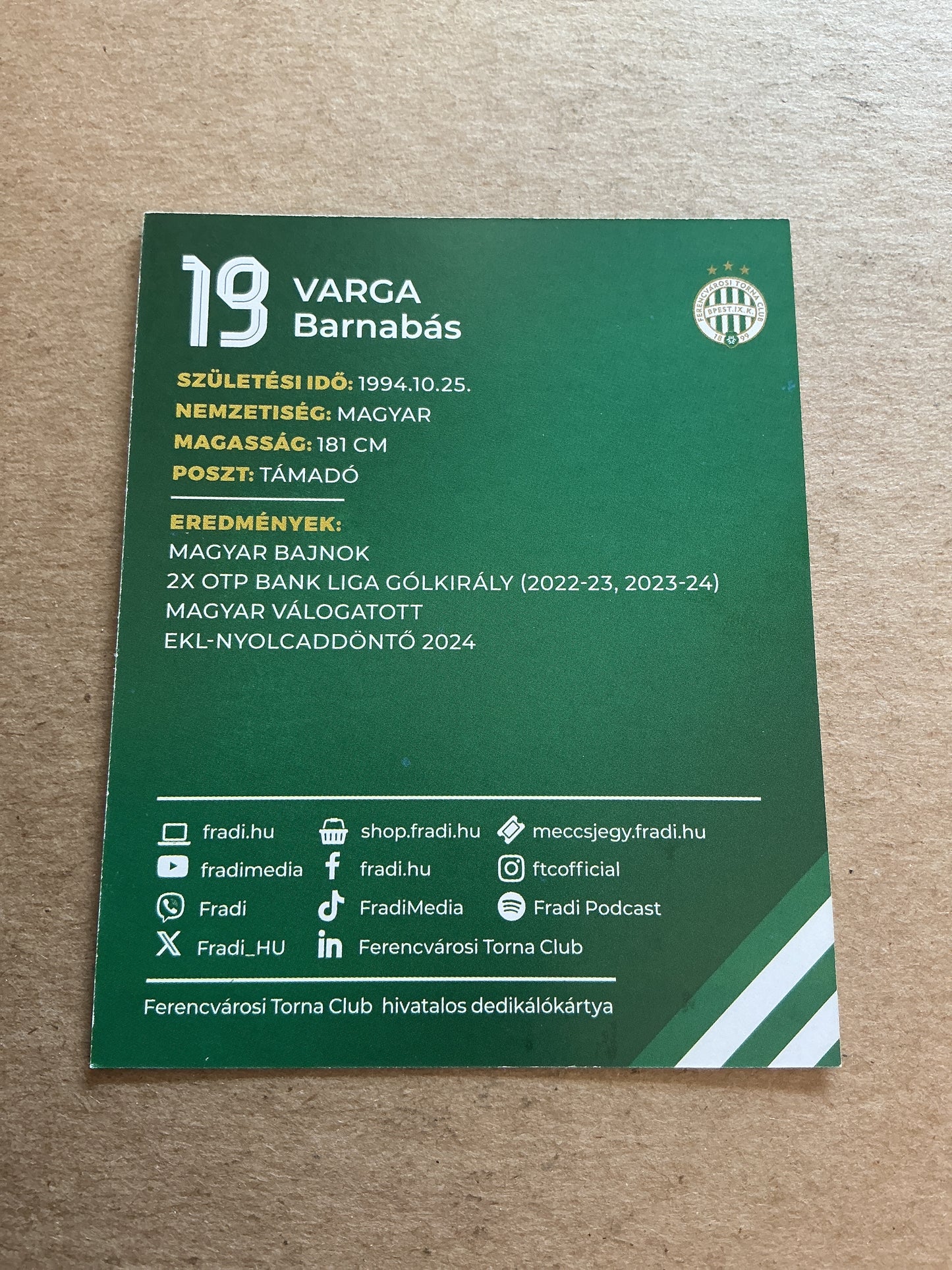 Barnabas Varga, Hungary 🇭🇺 Ferencvaros TC 2024/25 hand signed