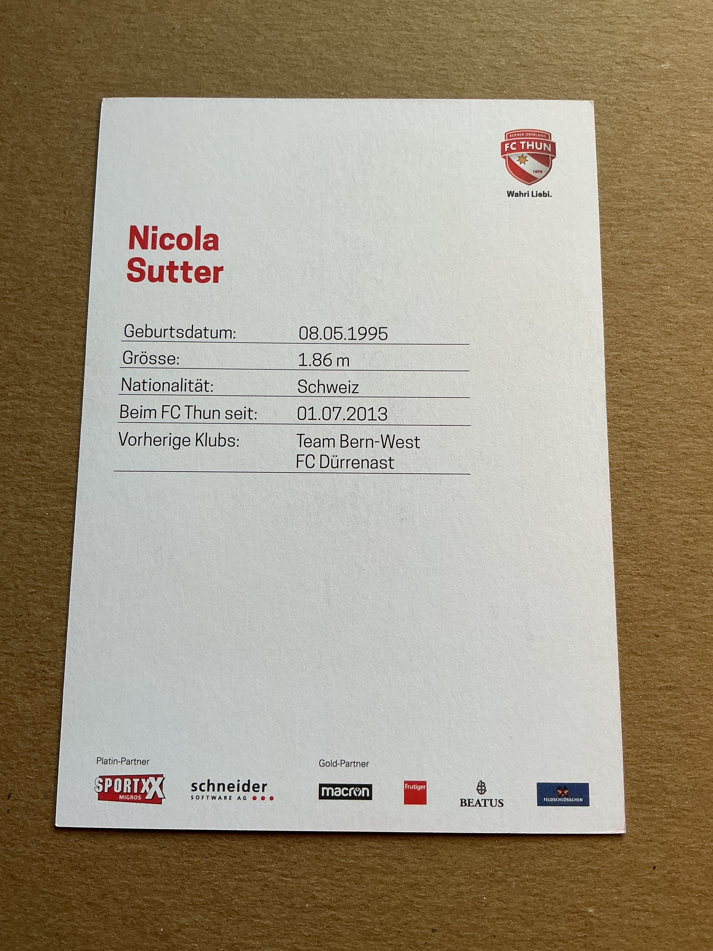 Nicola Sutter, Switzerland 🇨🇭 FC Thun 2022/23 hand signed