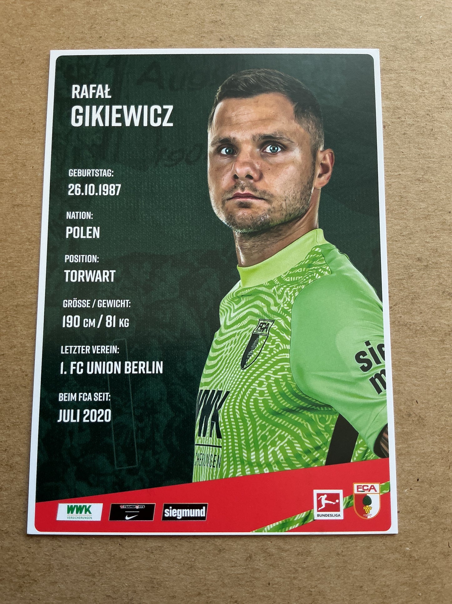 Rafał Gikiewicz, Poland 🇵🇱 FC Augsburg 2020/21 hand signed