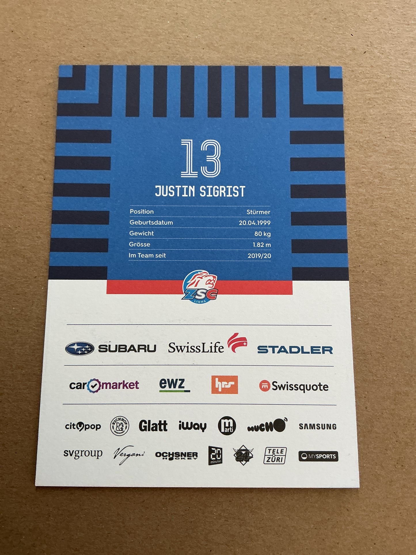 Justin Sigrist, Switzerland 🇨🇭 ZSC Lions 2025/26 hand signed