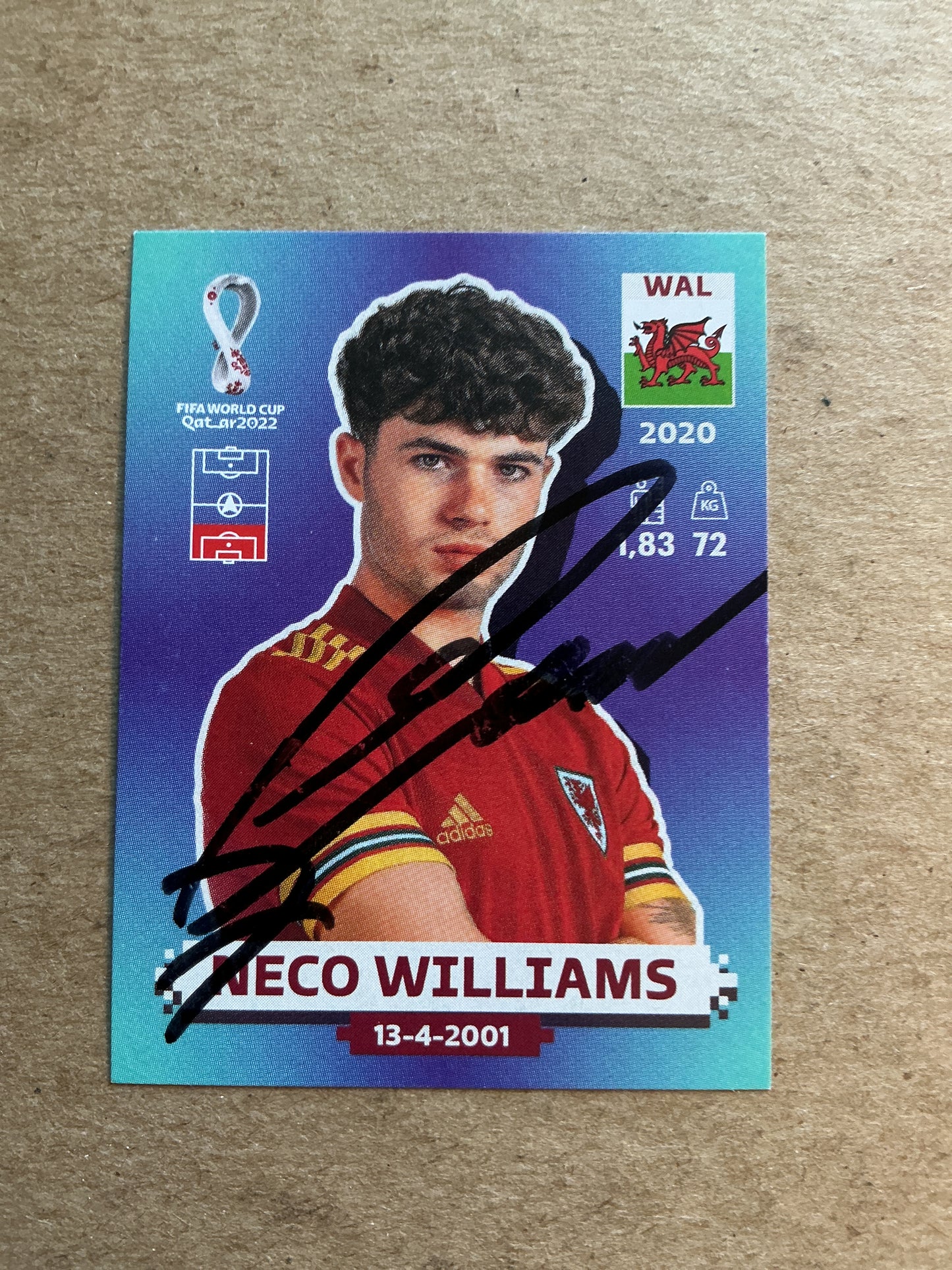 Neco Williams, Wales 🏴󠁧󠁢󠁷󠁬󠁳󠁿 FIFA World Cup 2022 Panini hand signed