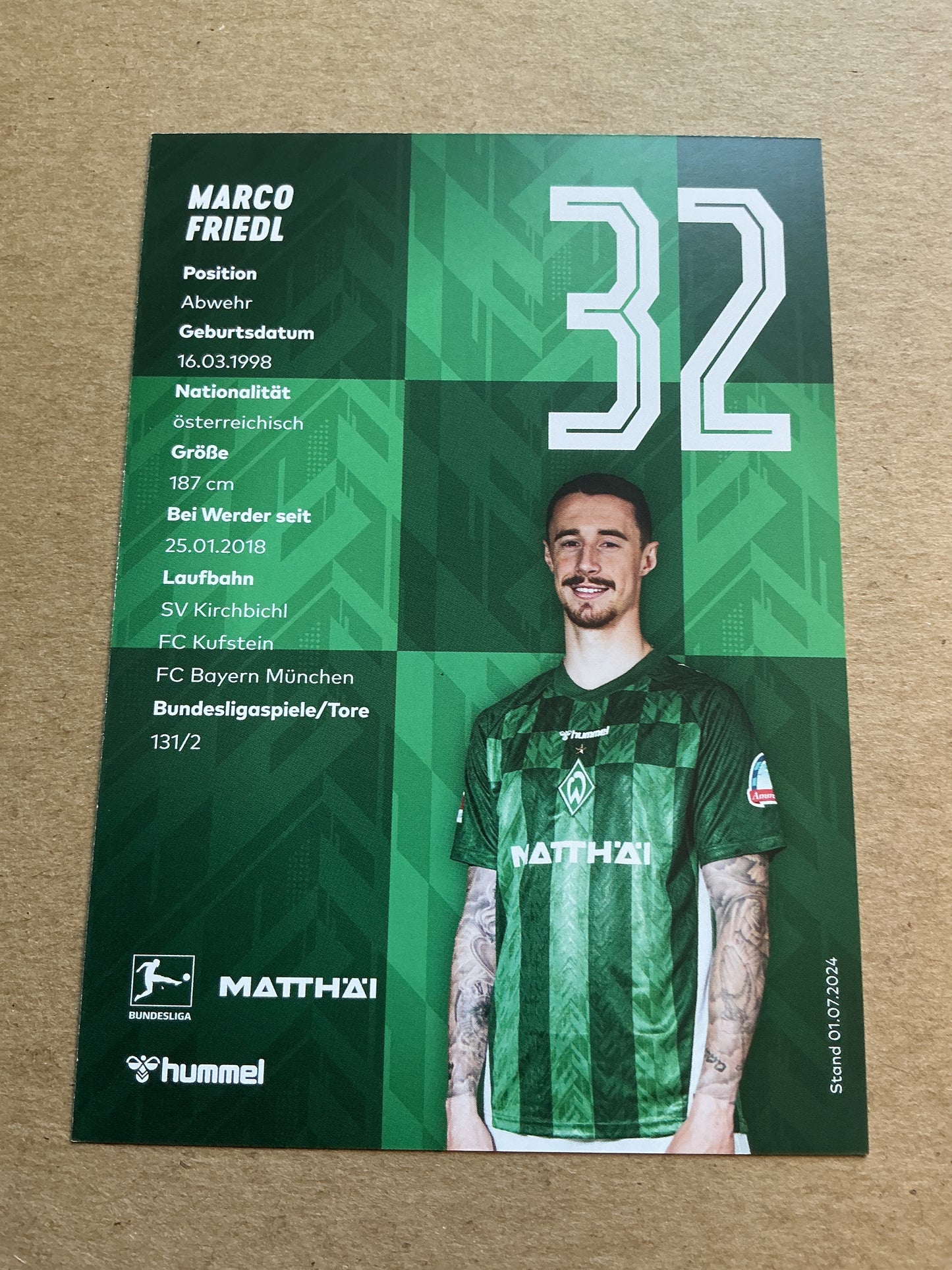 Marco Friedl, Austria 🇦🇹 SV Werder Bremen 2024/25 hand signed