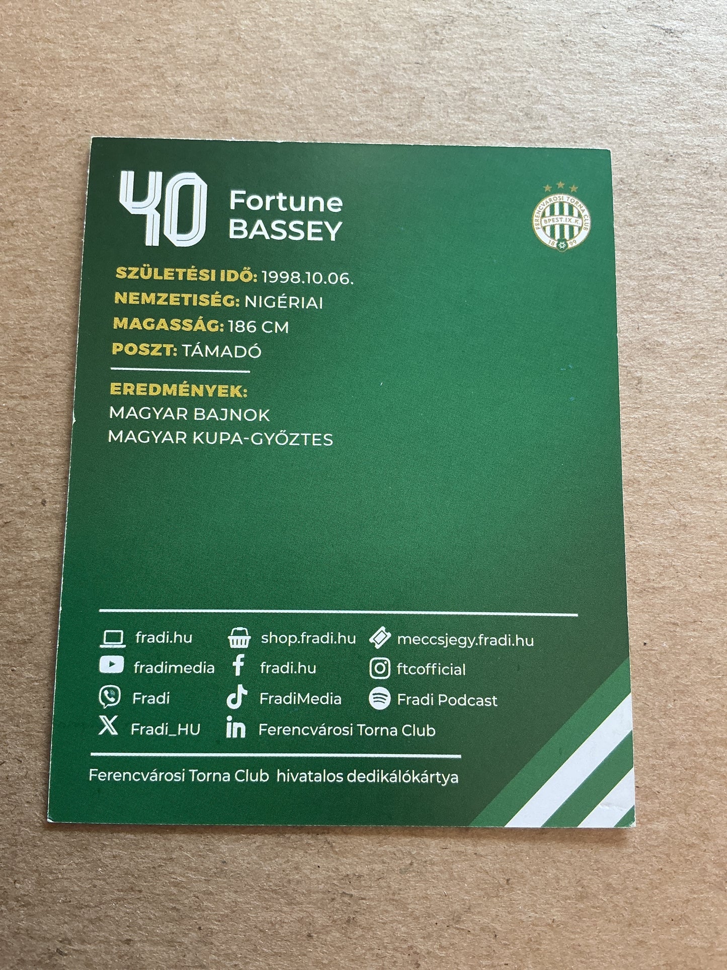 Fortune Bassey, Nigeria 🇳🇬 Ferencvaros TC 2024/25 hand signed