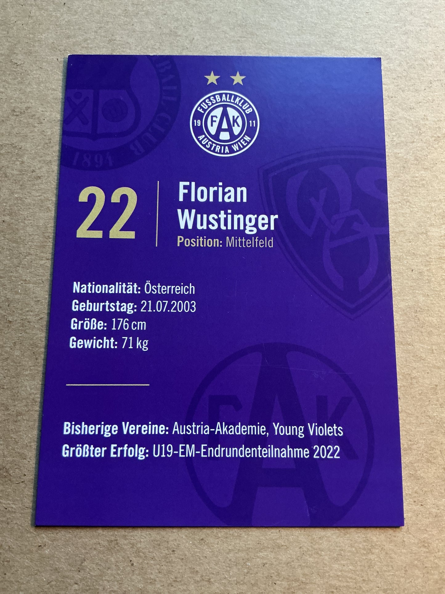 Florian Wustinger, Austria 🇦🇹 FK Austria Wien 2023/24 hand signed
