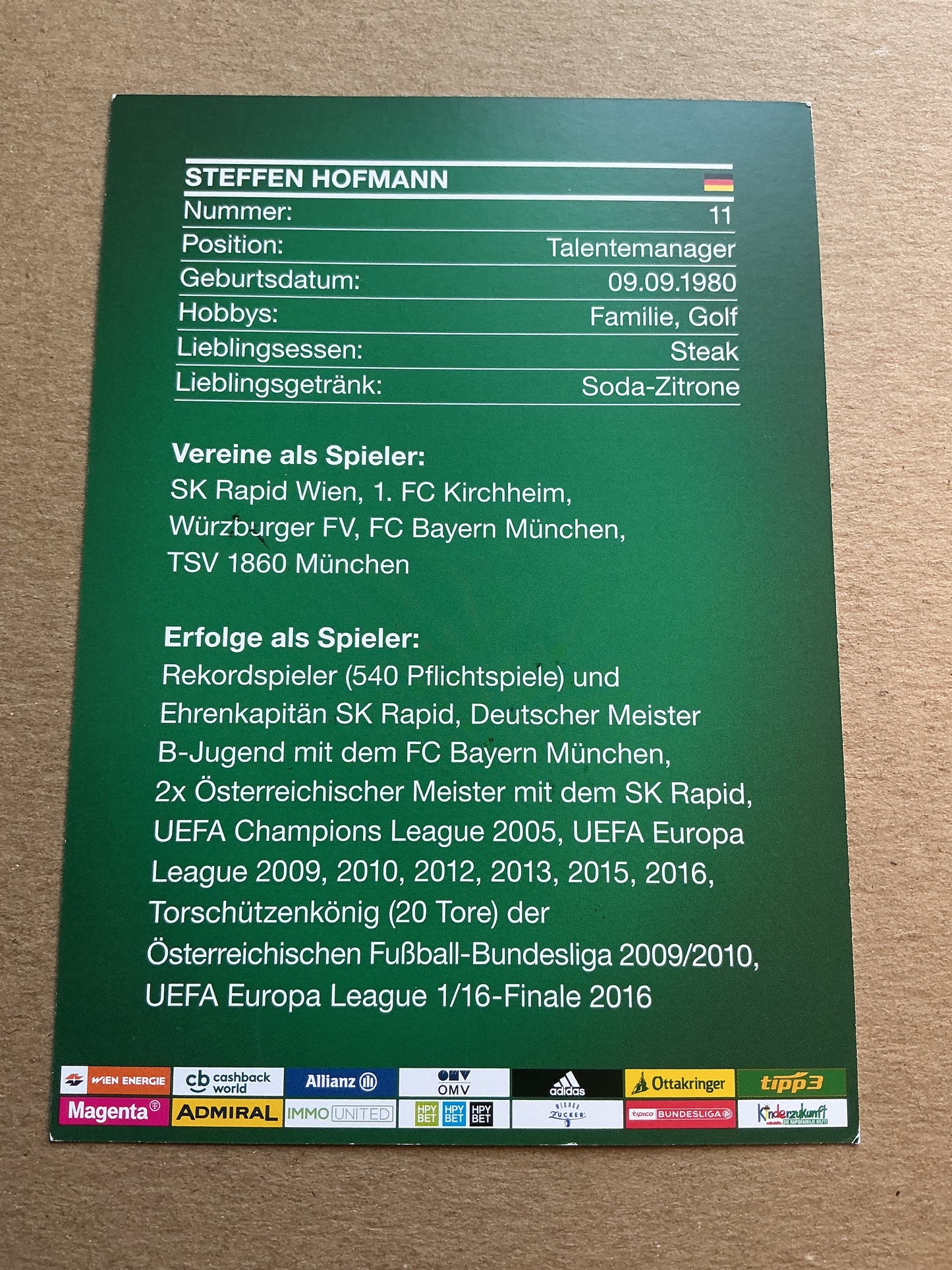 Steffen Hofmann, Germany 🇩🇪 Rapid Wien 2019/20 hand signed