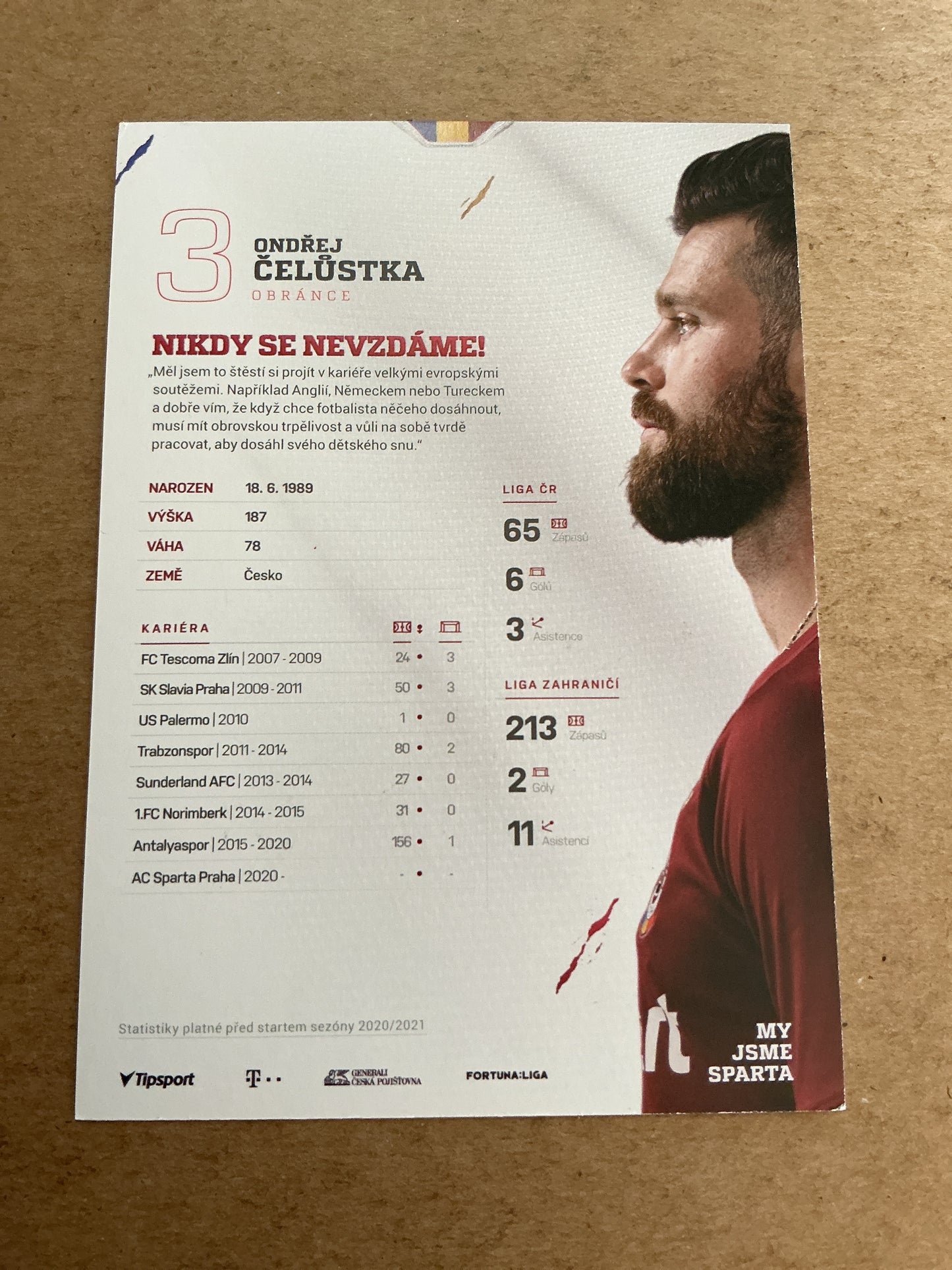 Ondřej Čelůstka, Czech Republic 🇨🇿 AC Sparta Prague 2020/21 hand signed