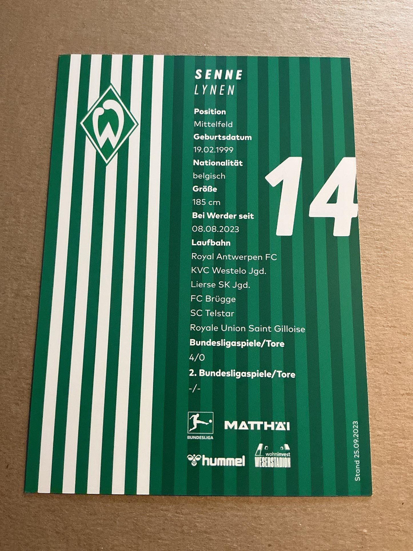 Senne Lynen, Belgium 🇧🇪 SV Werder Bremen 2023/24 hand signed