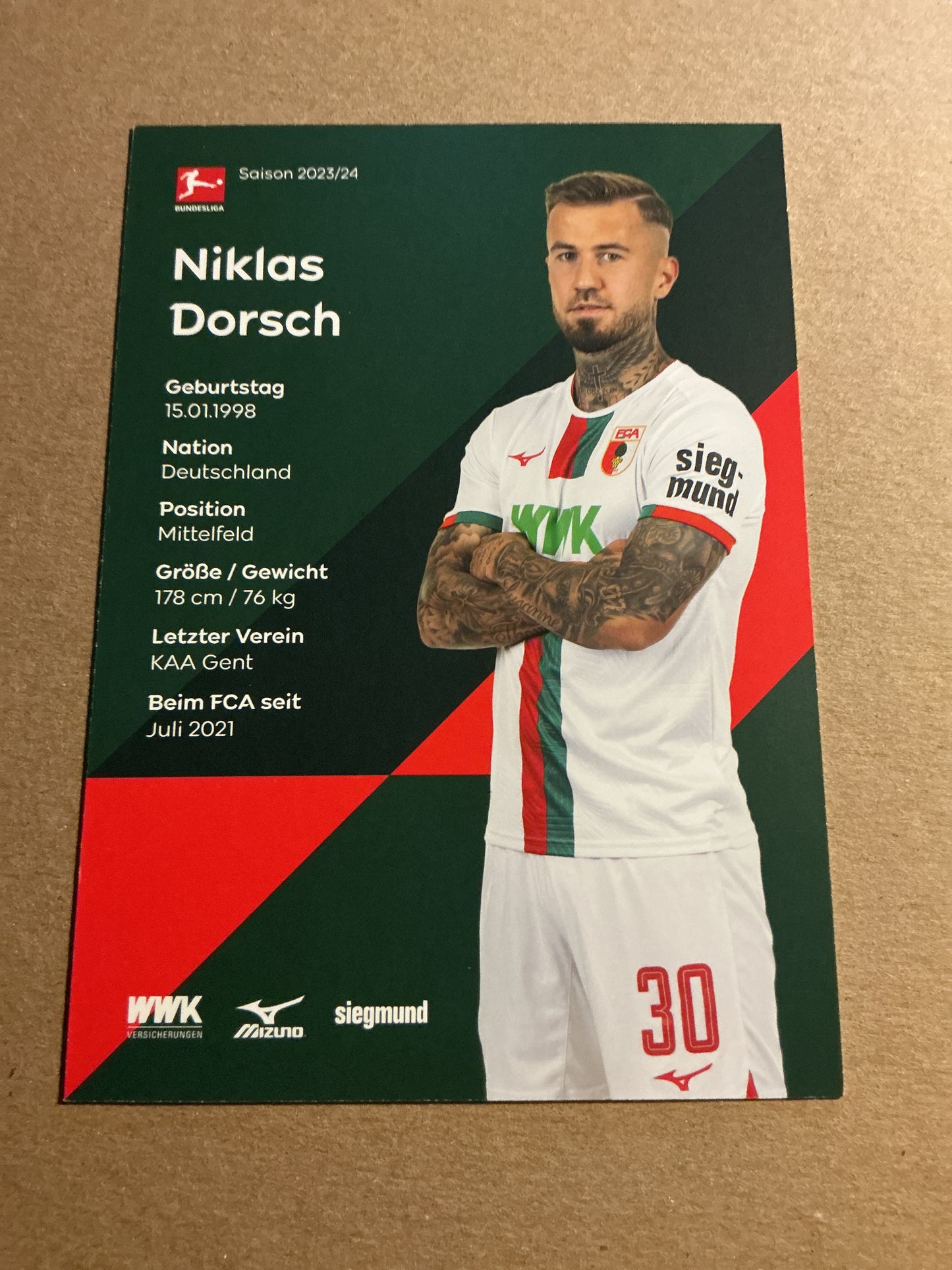 Niklas Dorsch, Germany 🇩🇪 FC Augsburg 2023/24 hand signed