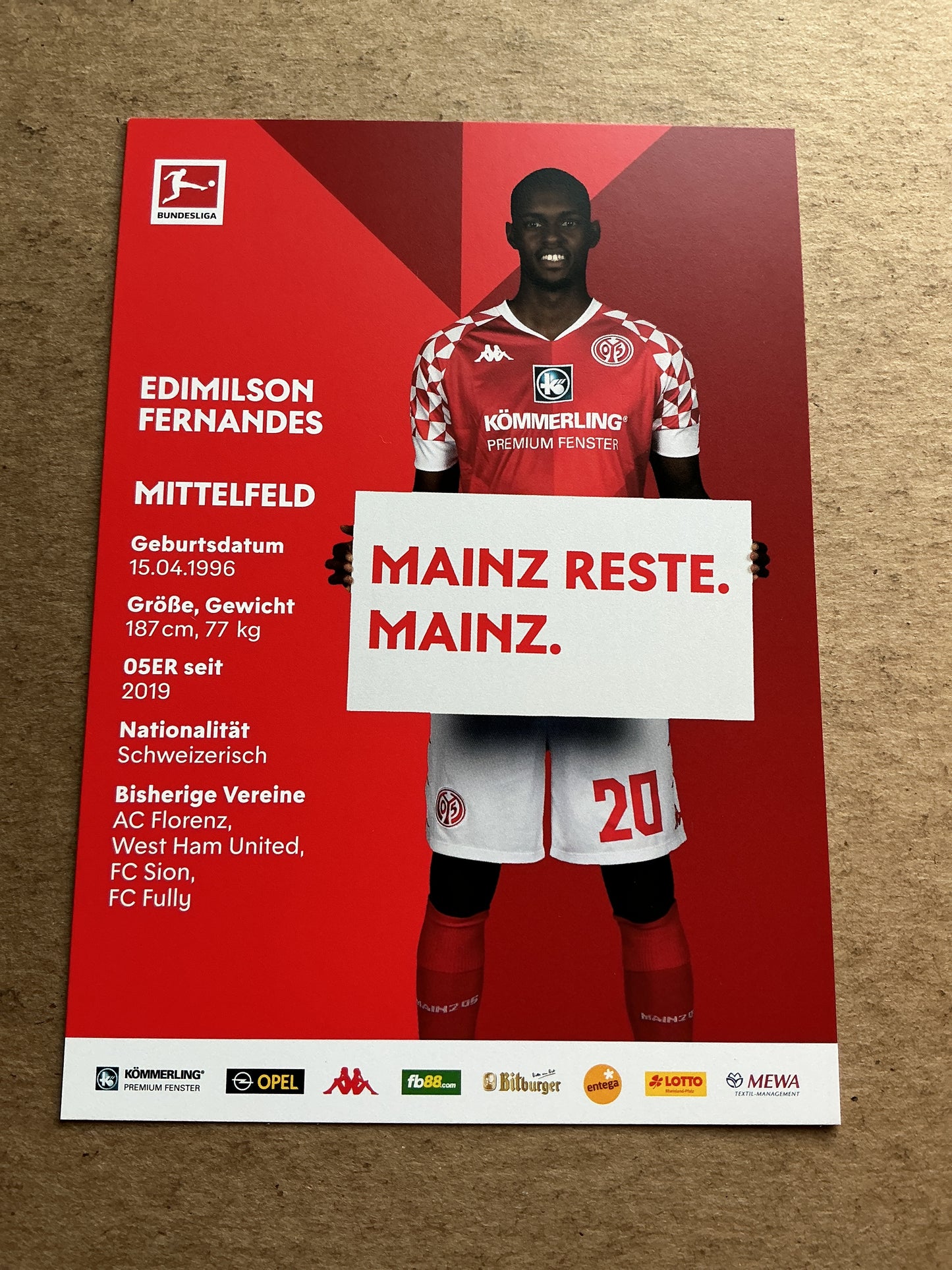 Edmilson Fernandes, Switzerland 🇨🇭 FSV Mainz 05 2020/21 hand signed