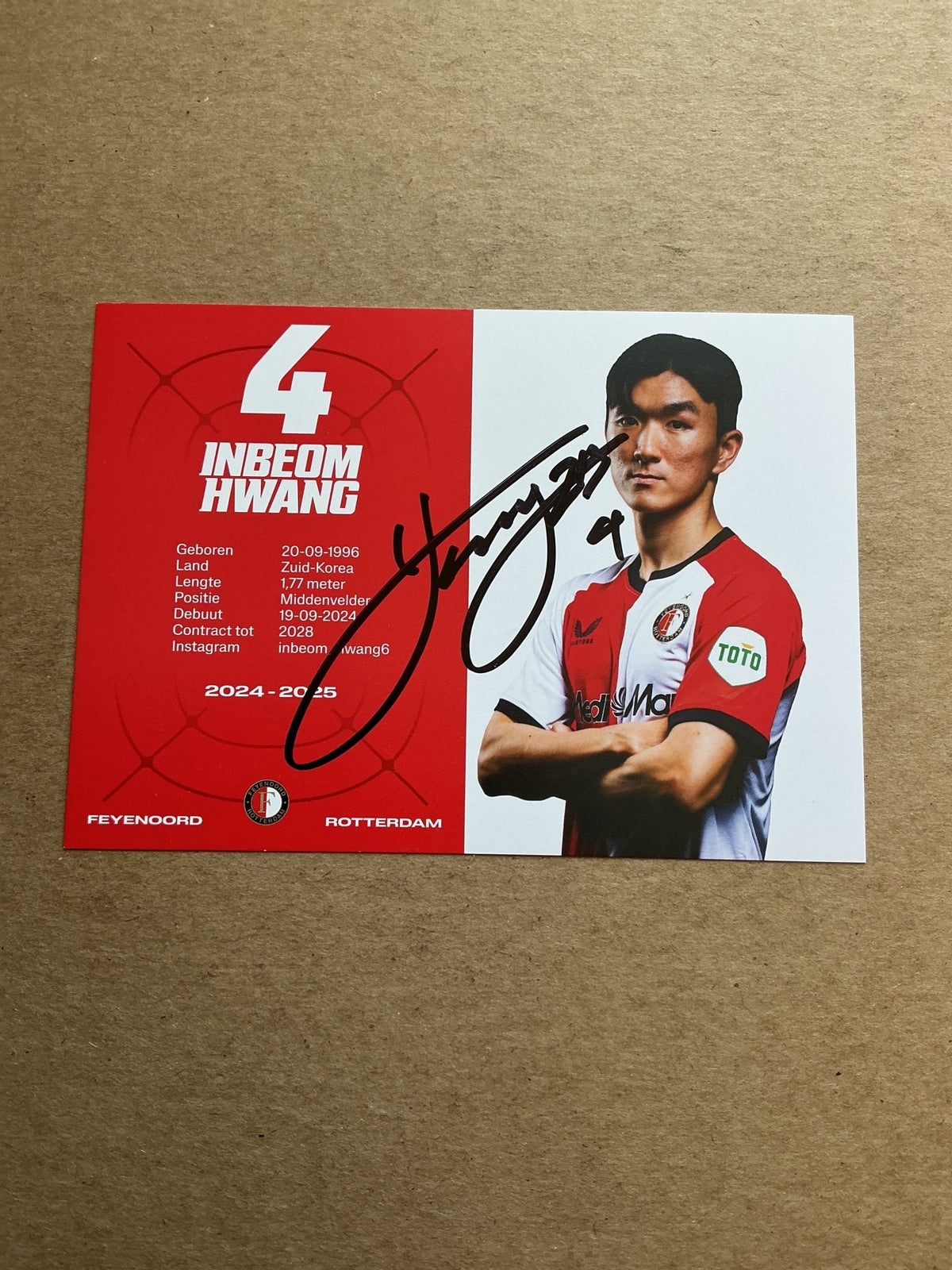Inbeom Hwang, South Korea 🇰🇷 Feyenoord Rotterdam 2024/25 hand signed - Autographs-World