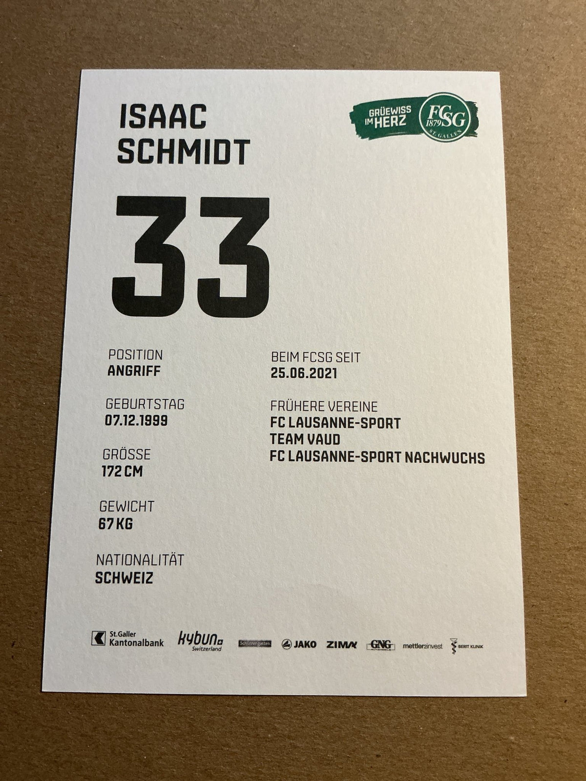 Isaac Schmidt, Switzerland 🇨🇭 FC St. Gallen 2021/22 hand signed - Autographs-World