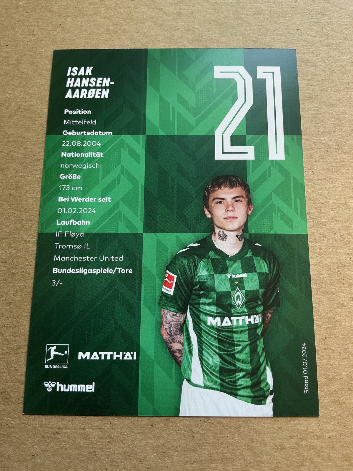Isak Hansen-Aarøen, Norway 🇳🇴 SV Werder Bremen 2024/25 hand signed - Autographs-World
