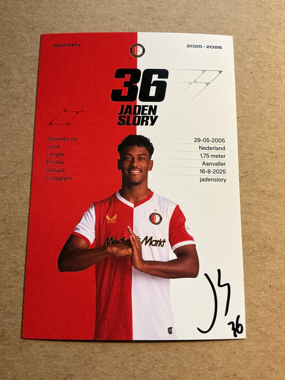 Jaden Slory, Netherlands 🇳🇱 Feyenoord Rotterdam 2025/26 hand signed - Autographs-World