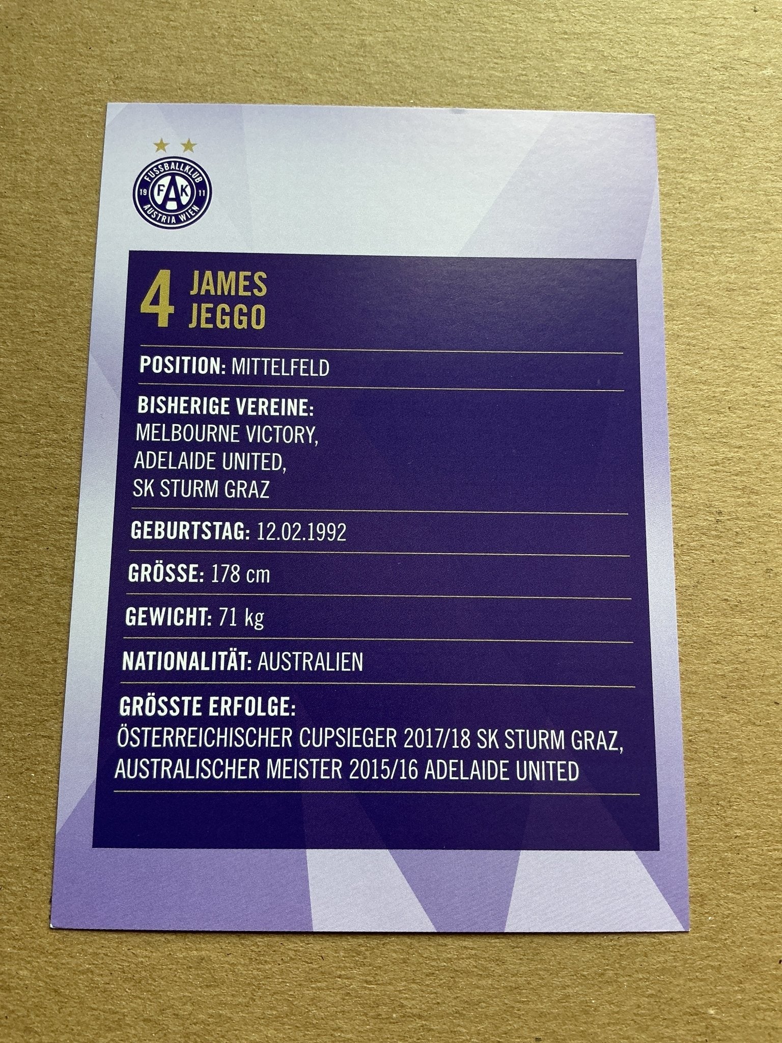 James Jeggo, Australia 🇦🇺 Austria Wien 2019/20 hand signed - Autographs-World