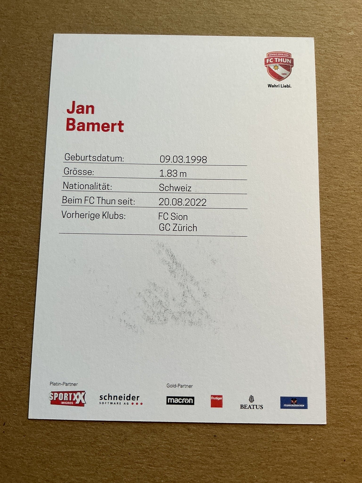 Jan Bamert, Switzerland 🇨🇭 FC Thun 2022/23 hand signed - Autographs-World