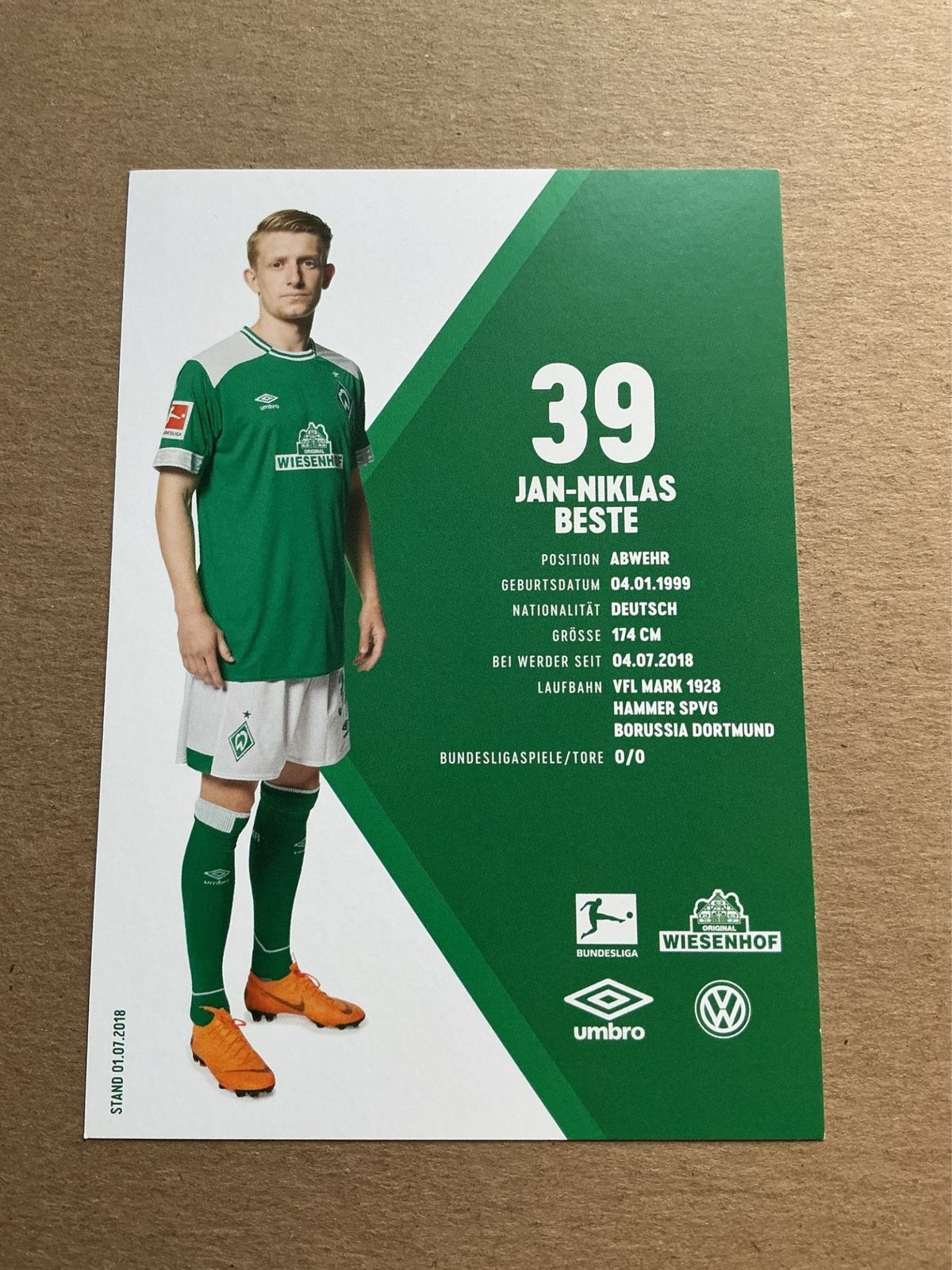 Jan-Niklas Beste, Germany 🇩🇪 SV Werder Bremen 2018/19 hand signed - Autographs-World
