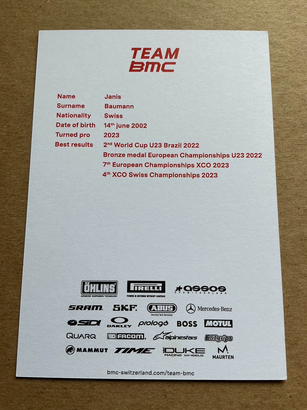 Janis Baumann, Switzerland 🇨🇭 Cycling Mountainbike Sports 2025 hand signed - Autographs-World