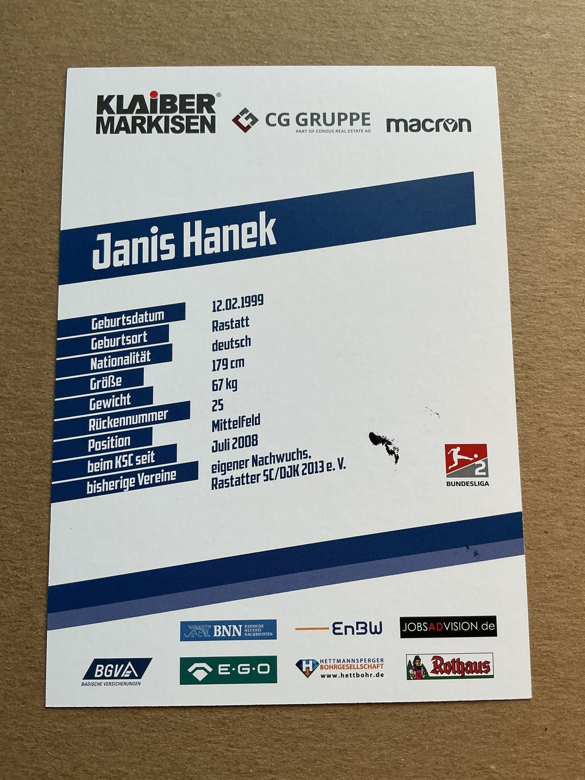 Janis Hanek, Germany 🇩🇪 Karlsruher SC 2019/20 hand signed - Autographs-World