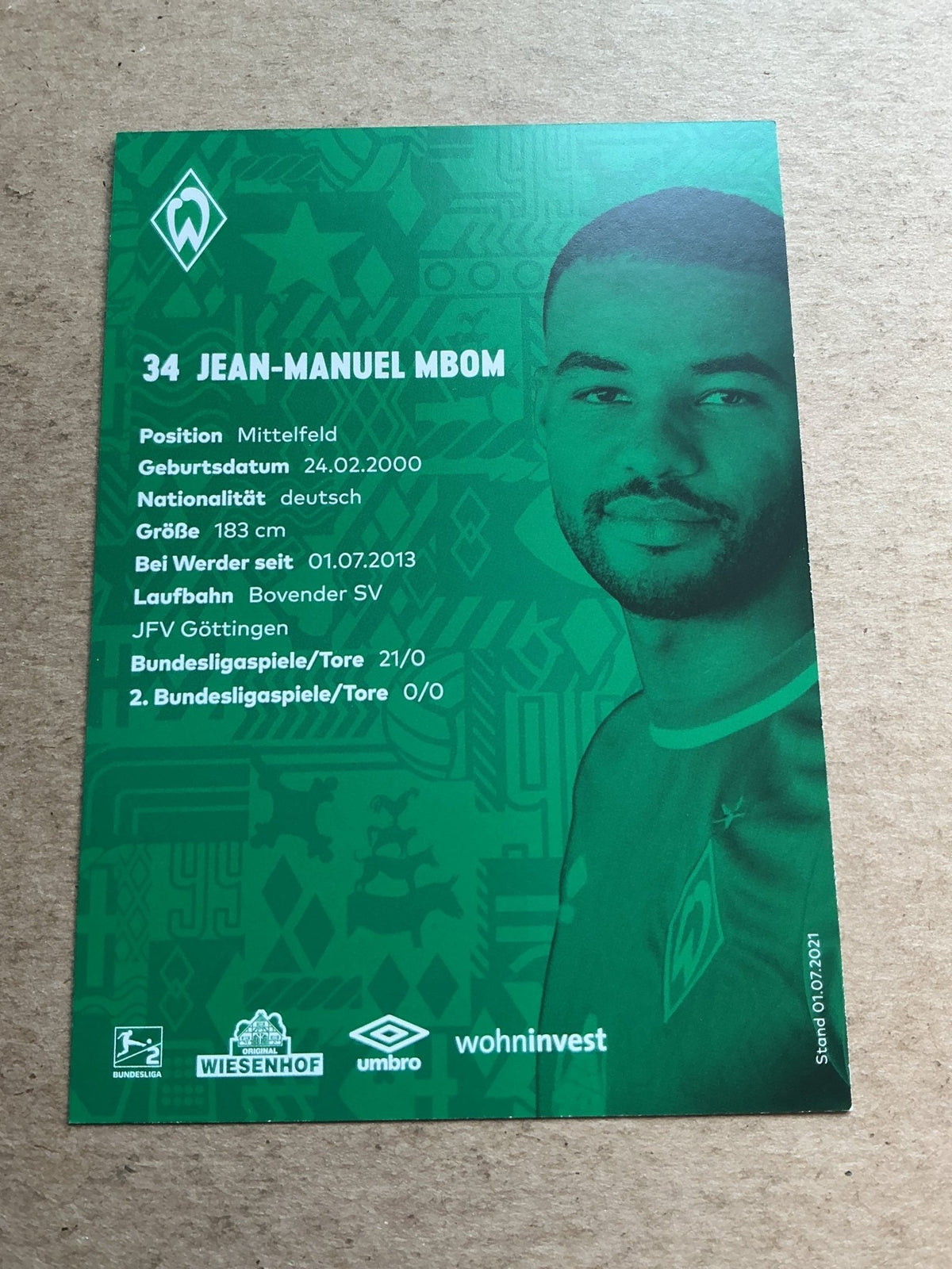 Jean-Manuel Mbom, Germany 🇩🇪 SV Werder Bremen 2021/22 hand signed - Autographs-World